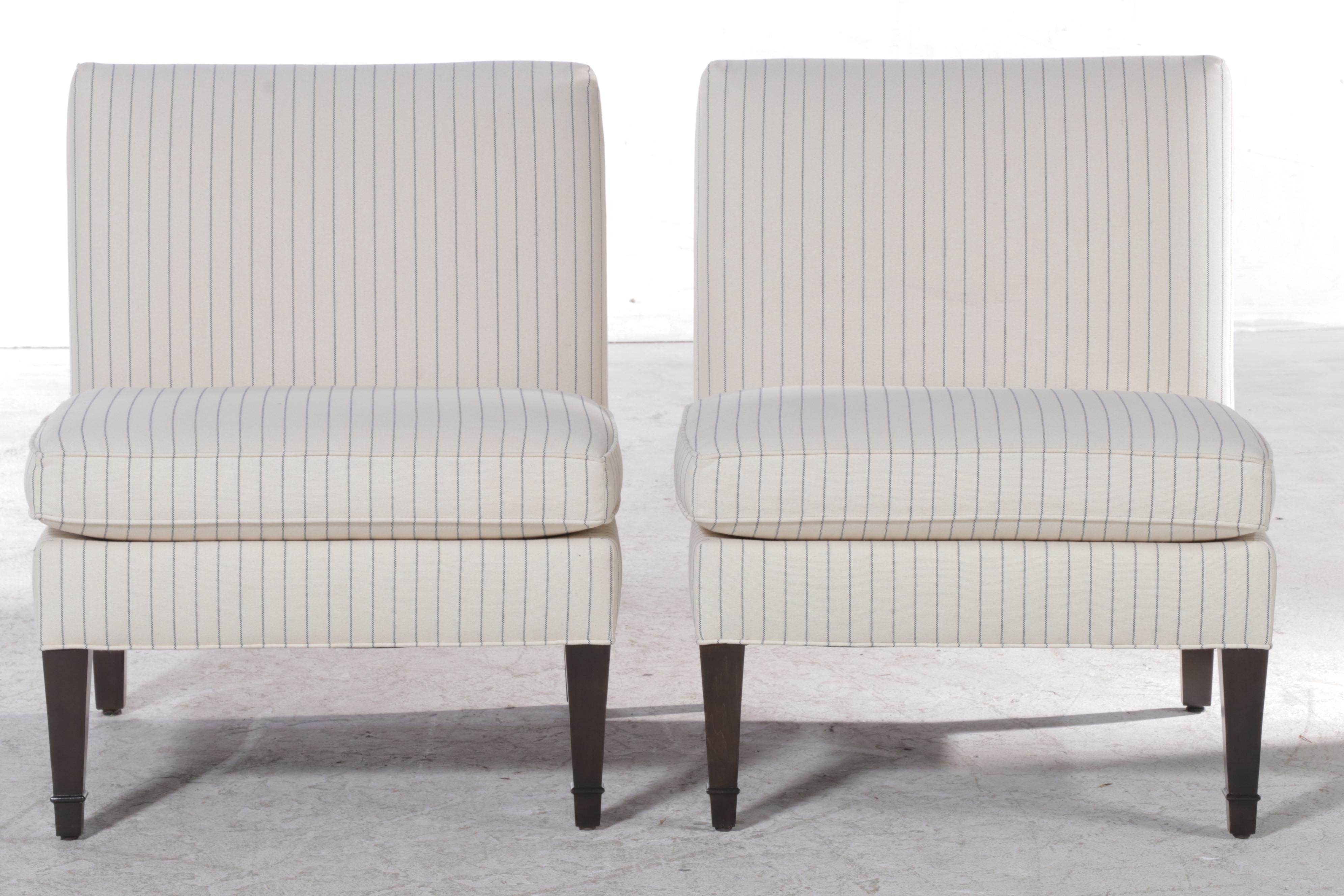 Pair of Ethan Allen "Baldwin" Ticking Stripe Slipper Lounge Chairs
