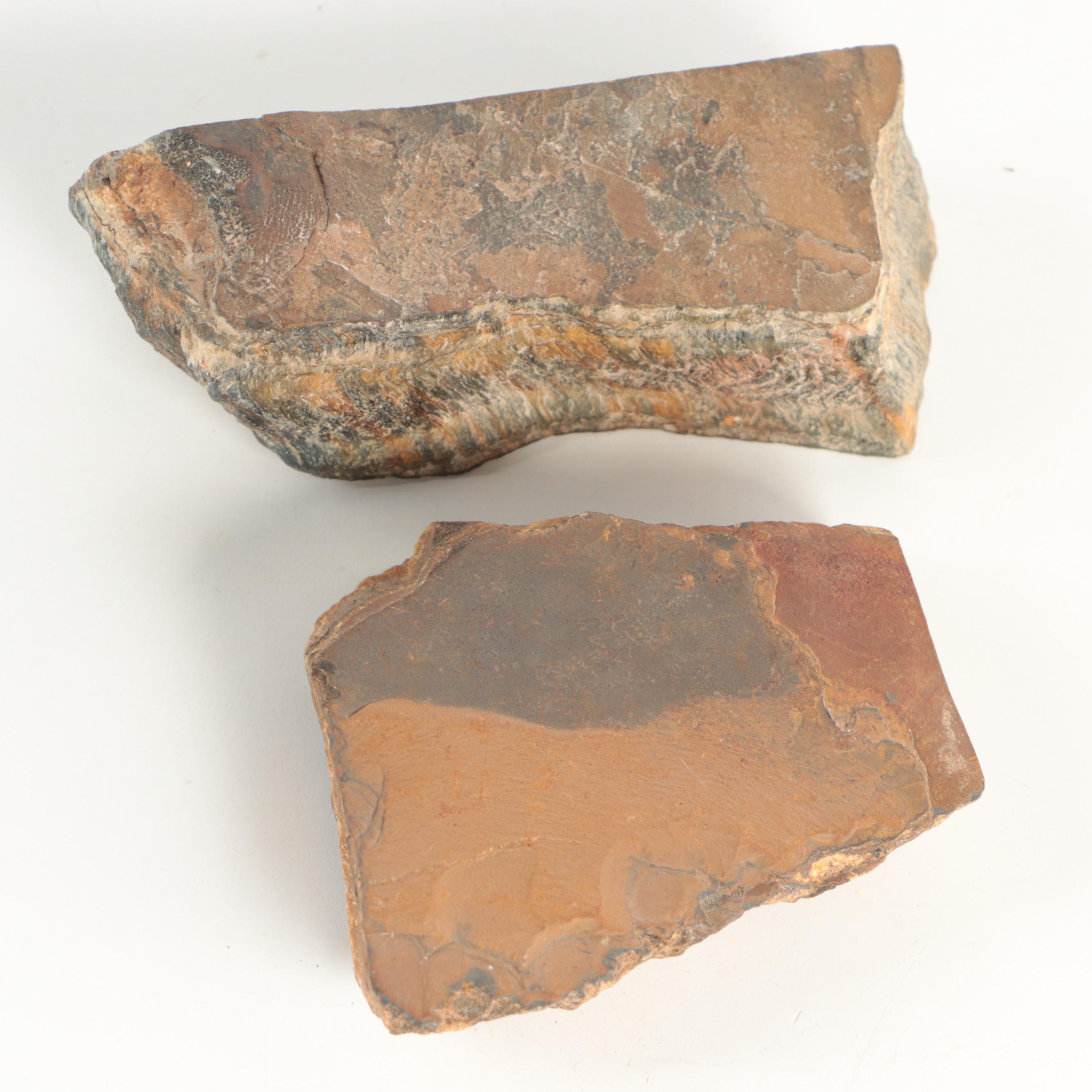 Rough Tiger's Eye Mineral Specimens with Polished Hawk's Eye Specimen