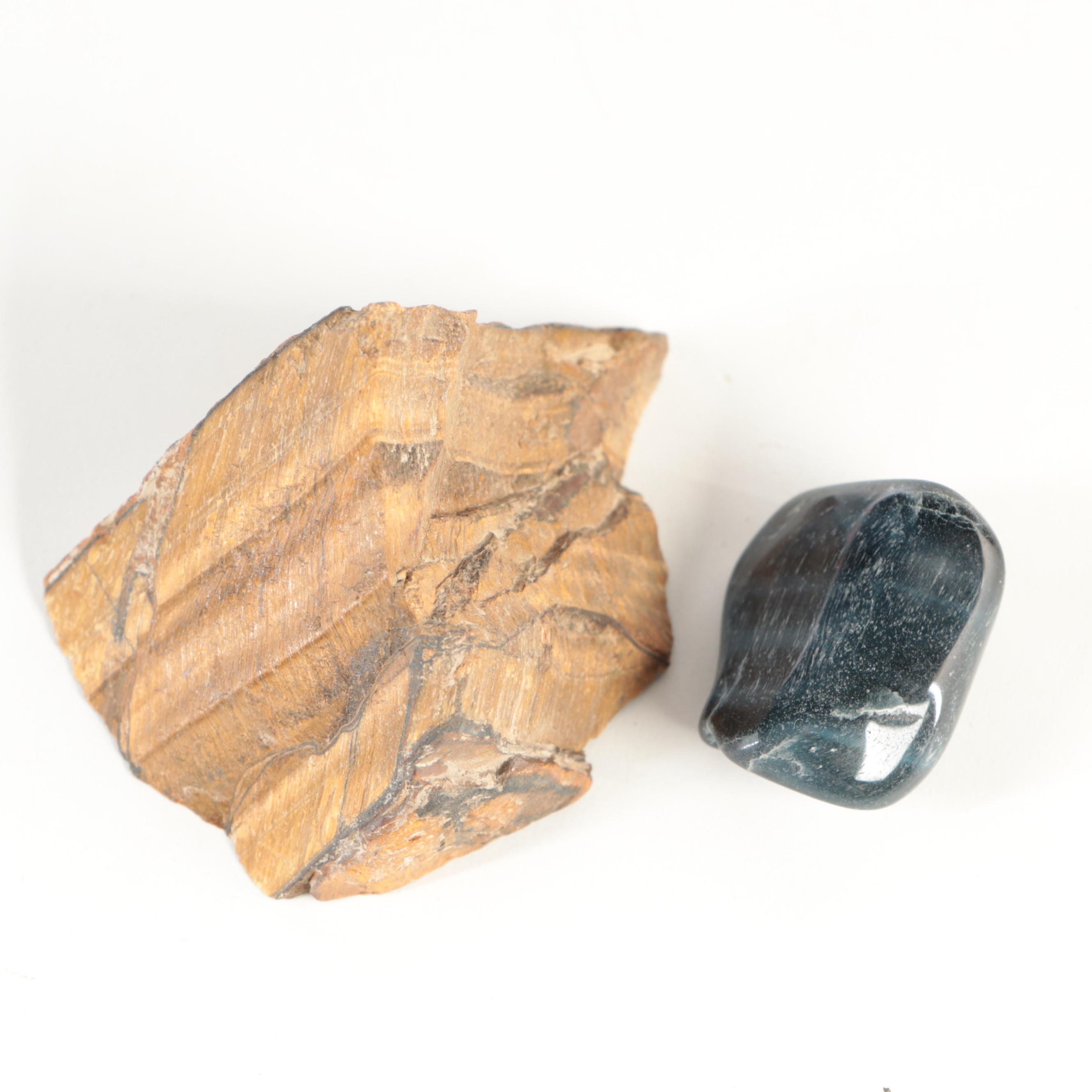 Rough Tiger's Eye Mineral Specimens with Polished Hawk's Eye Specimen