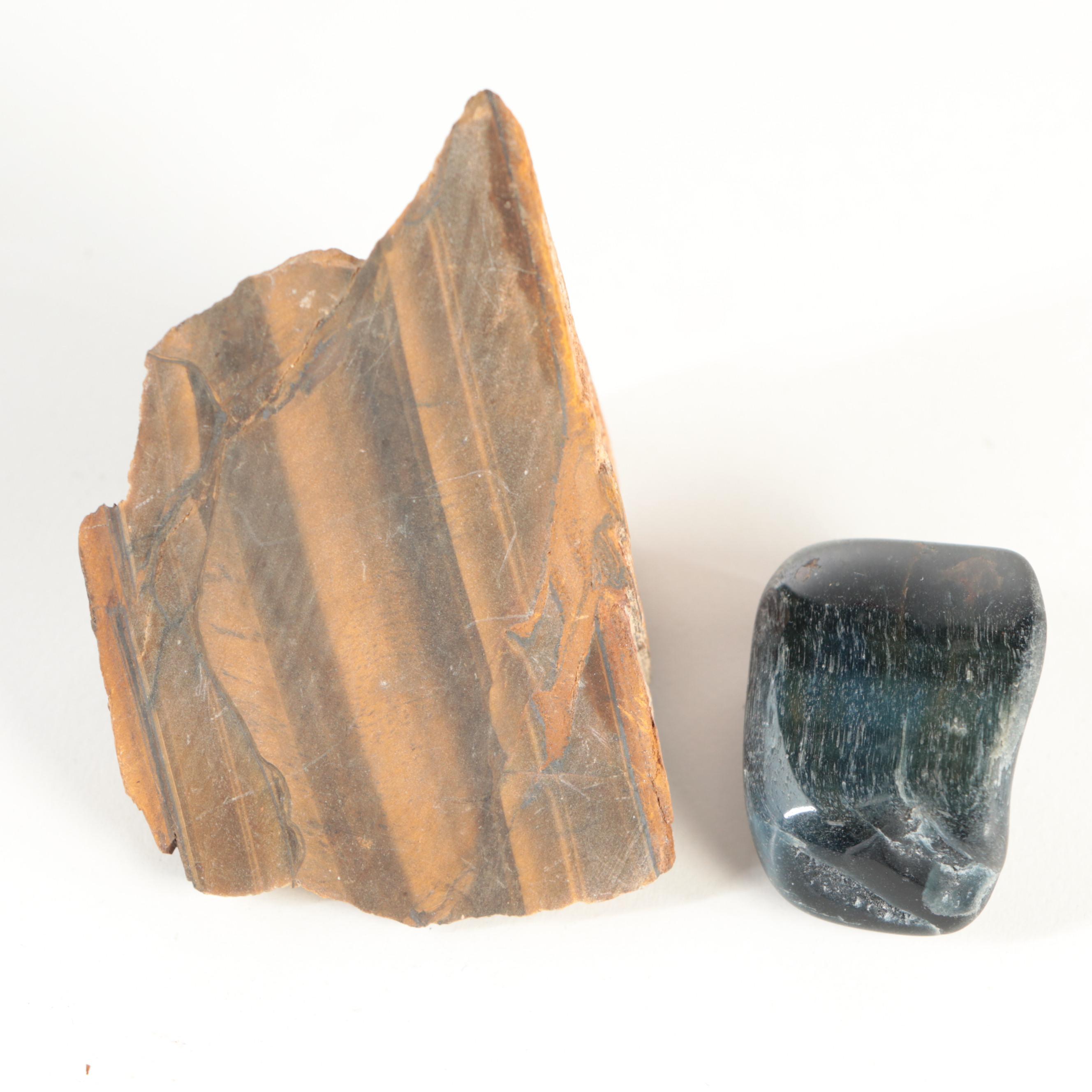 Rough Tiger's Eye Mineral Specimens with Polished Hawk's Eye Specimen