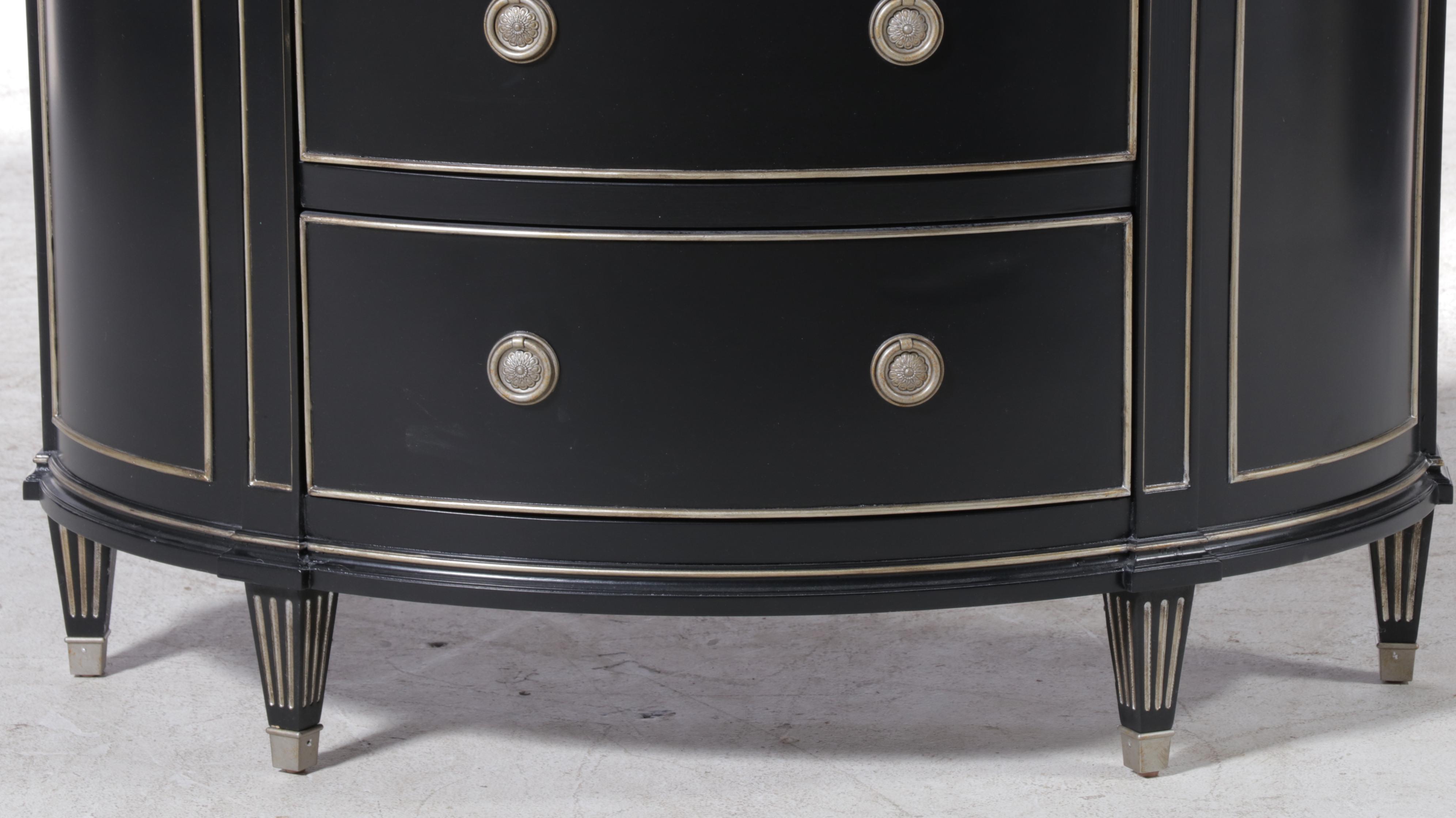 Ethan Allen "Stratton" Glossy Black Demilune Chest With Metallic Paint Accents