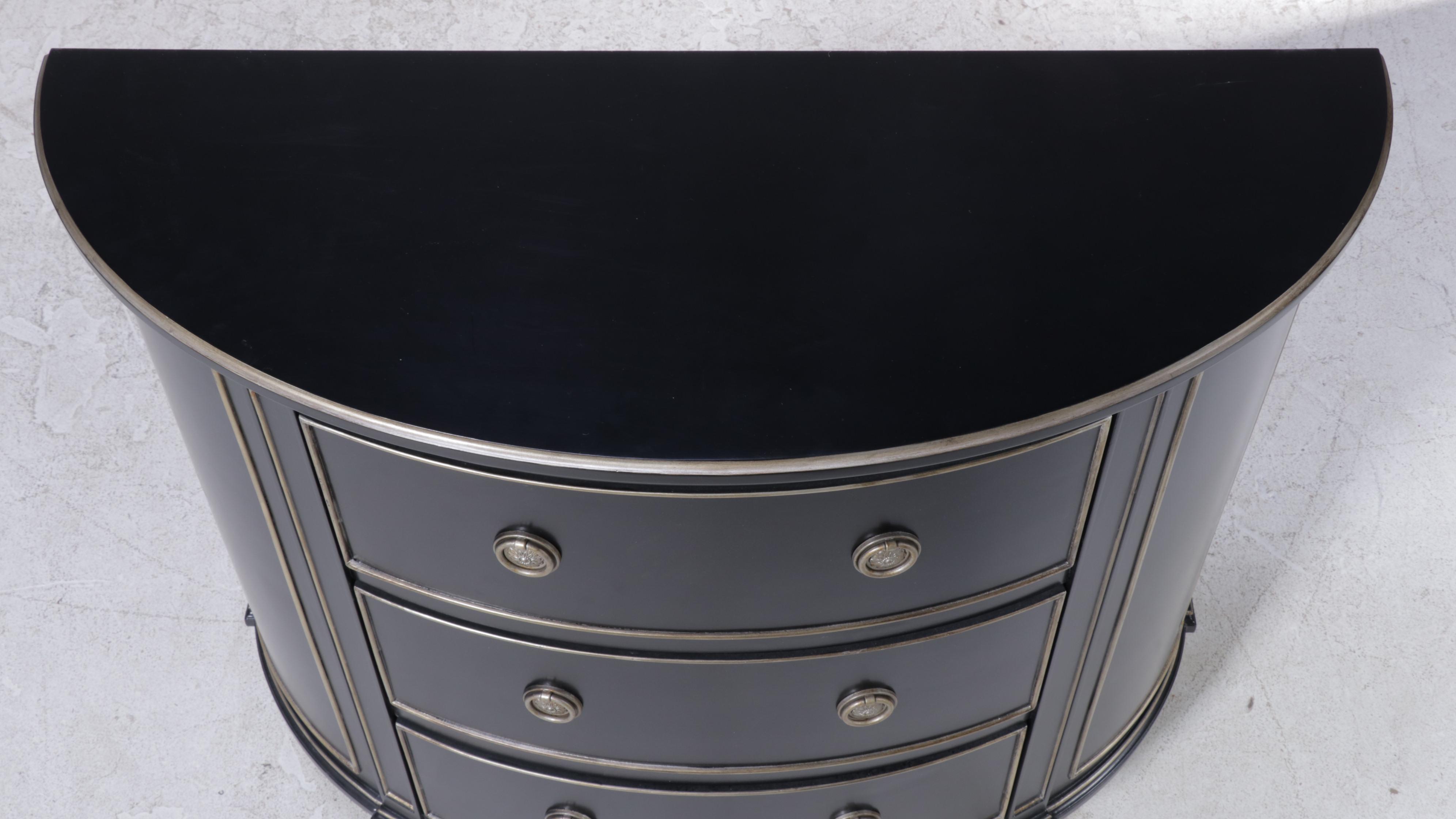 Ethan Allen "Stratton" Glossy Black Demilune Chest With Metallic Paint Accents