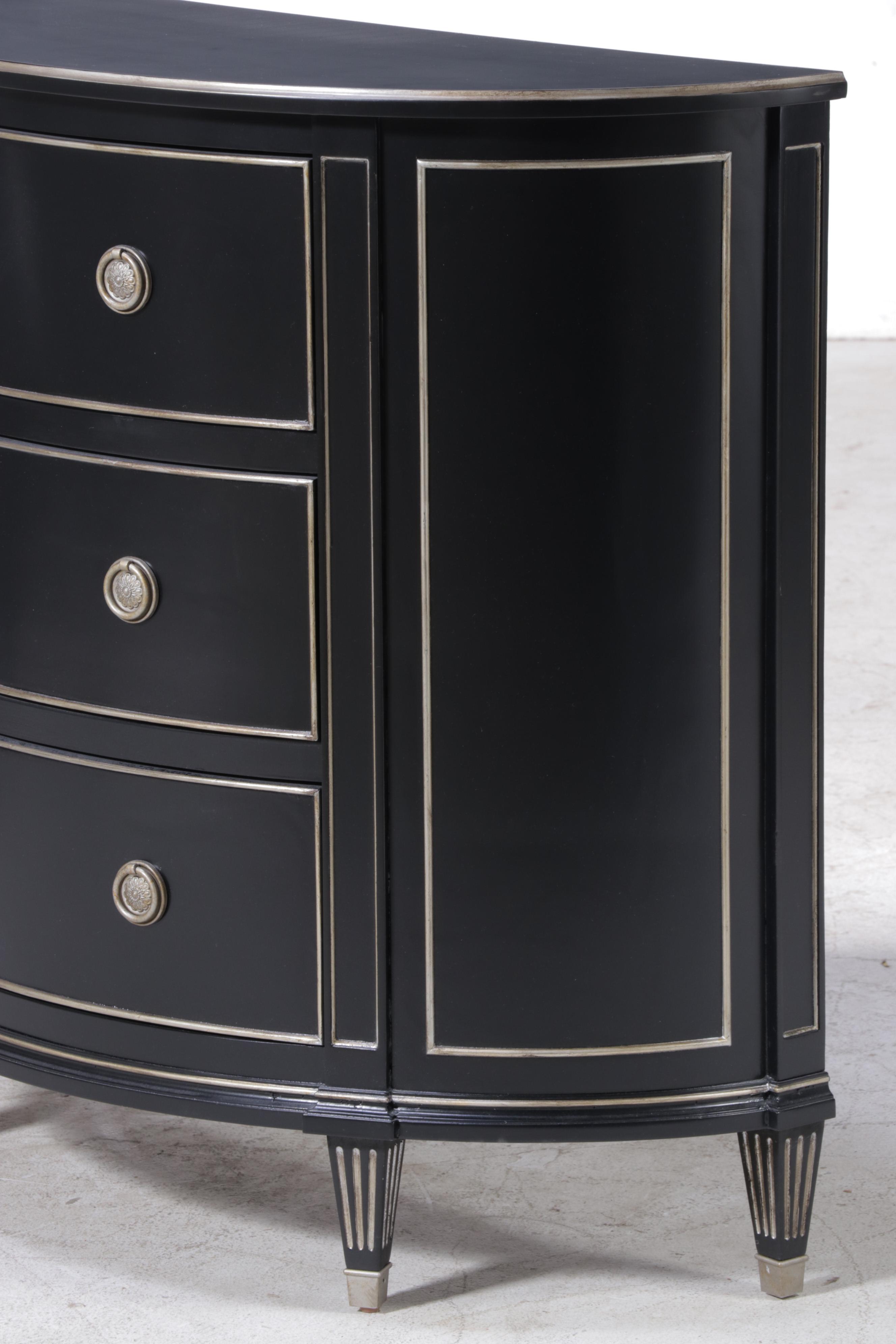 Ethan Allen "Stratton" Glossy Black Demilune Chest With Metallic Paint Accents