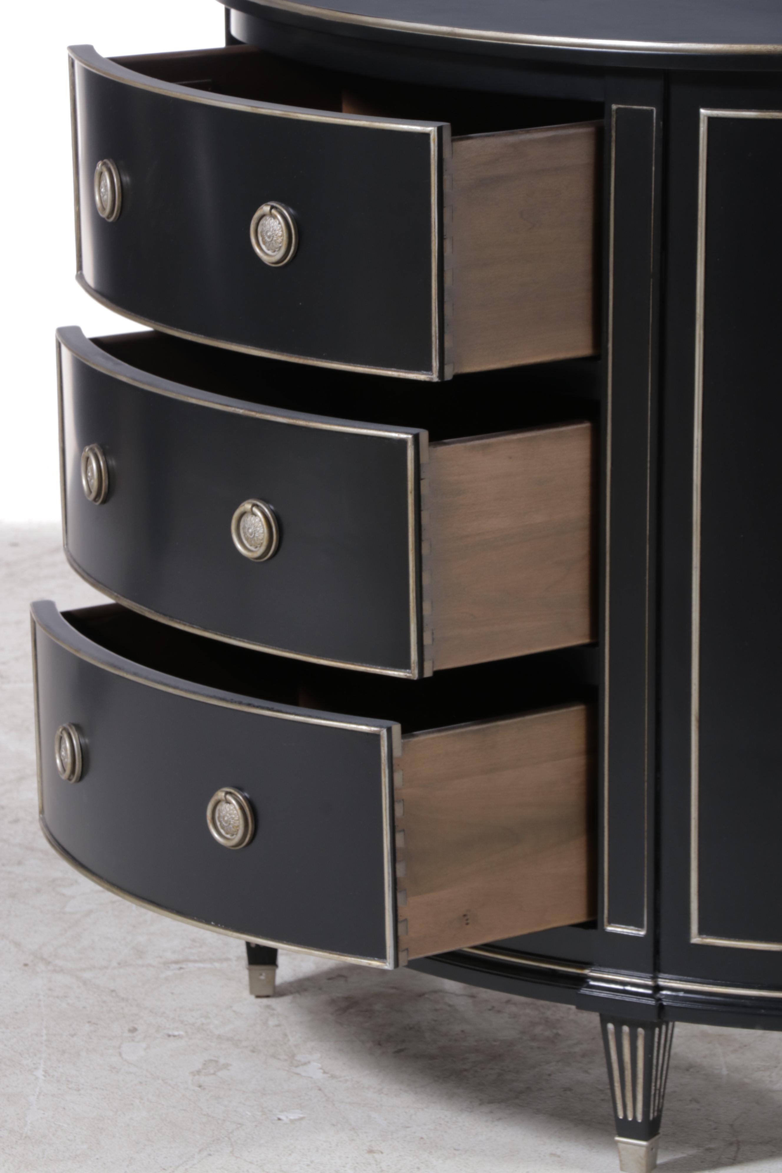 Ethan Allen "Stratton" Glossy Black Demilune Chest With Metallic Paint Accents