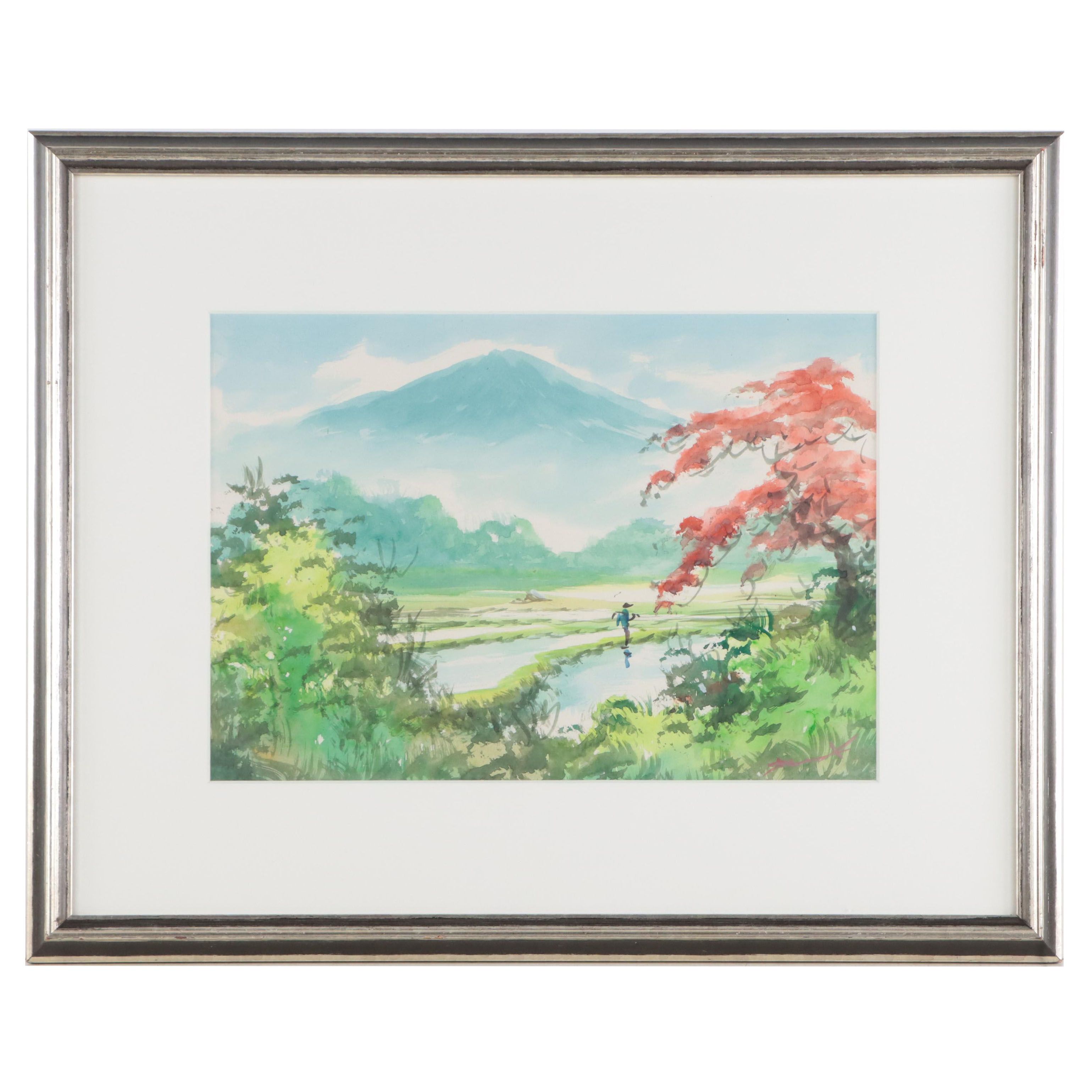 Japanese Landscape With Mount Fuji Watercolor Painting