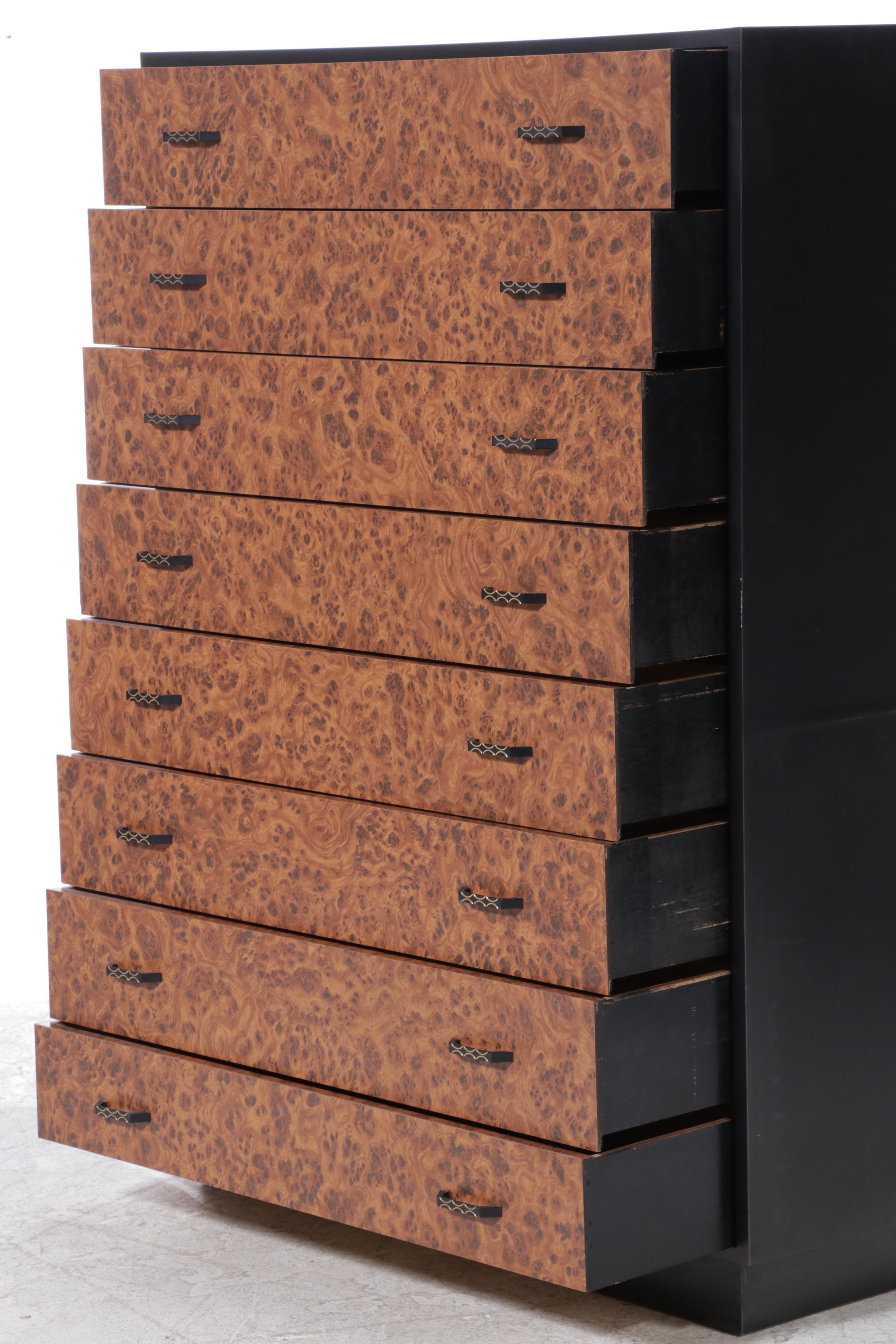 Modern Burl and Ebonized Wooden Eight-Drawer Tall Chest