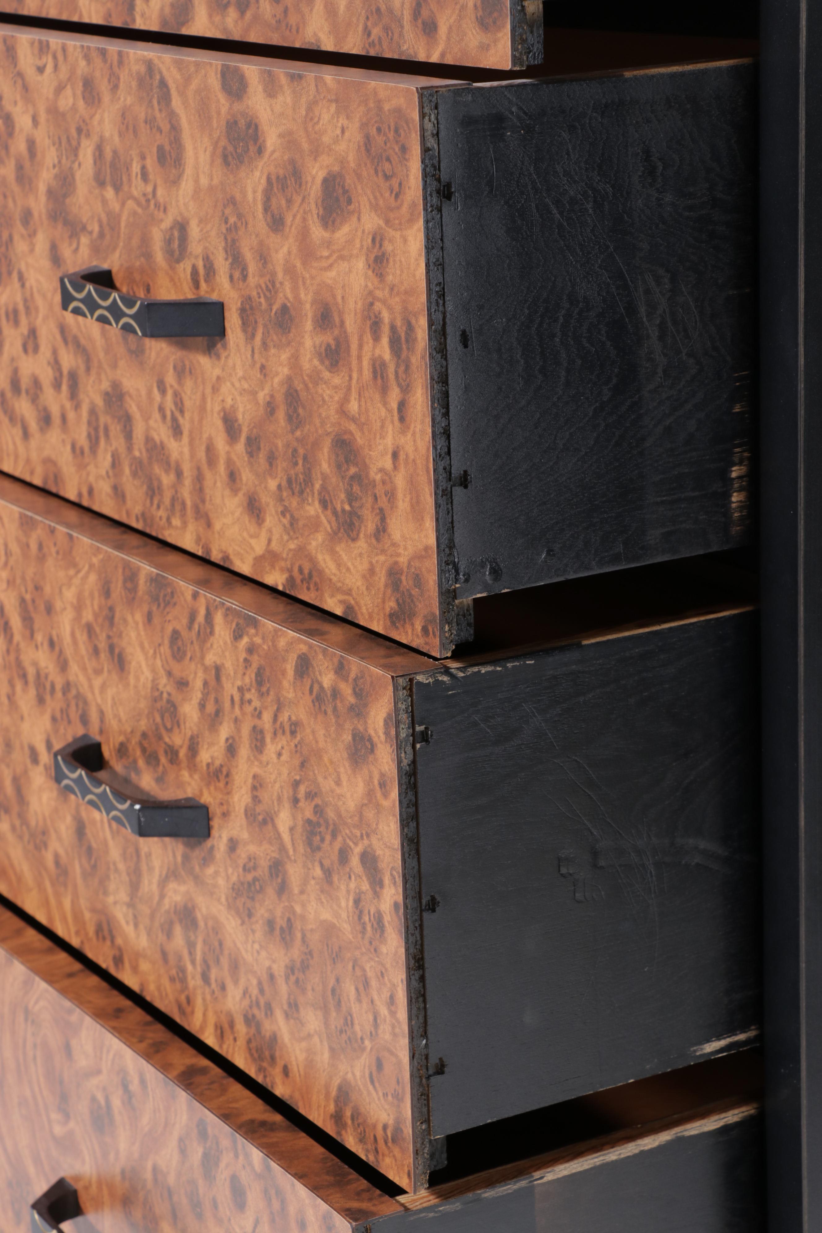 Modern Burl and Ebonized Wooden Eight-Drawer Tall Chest