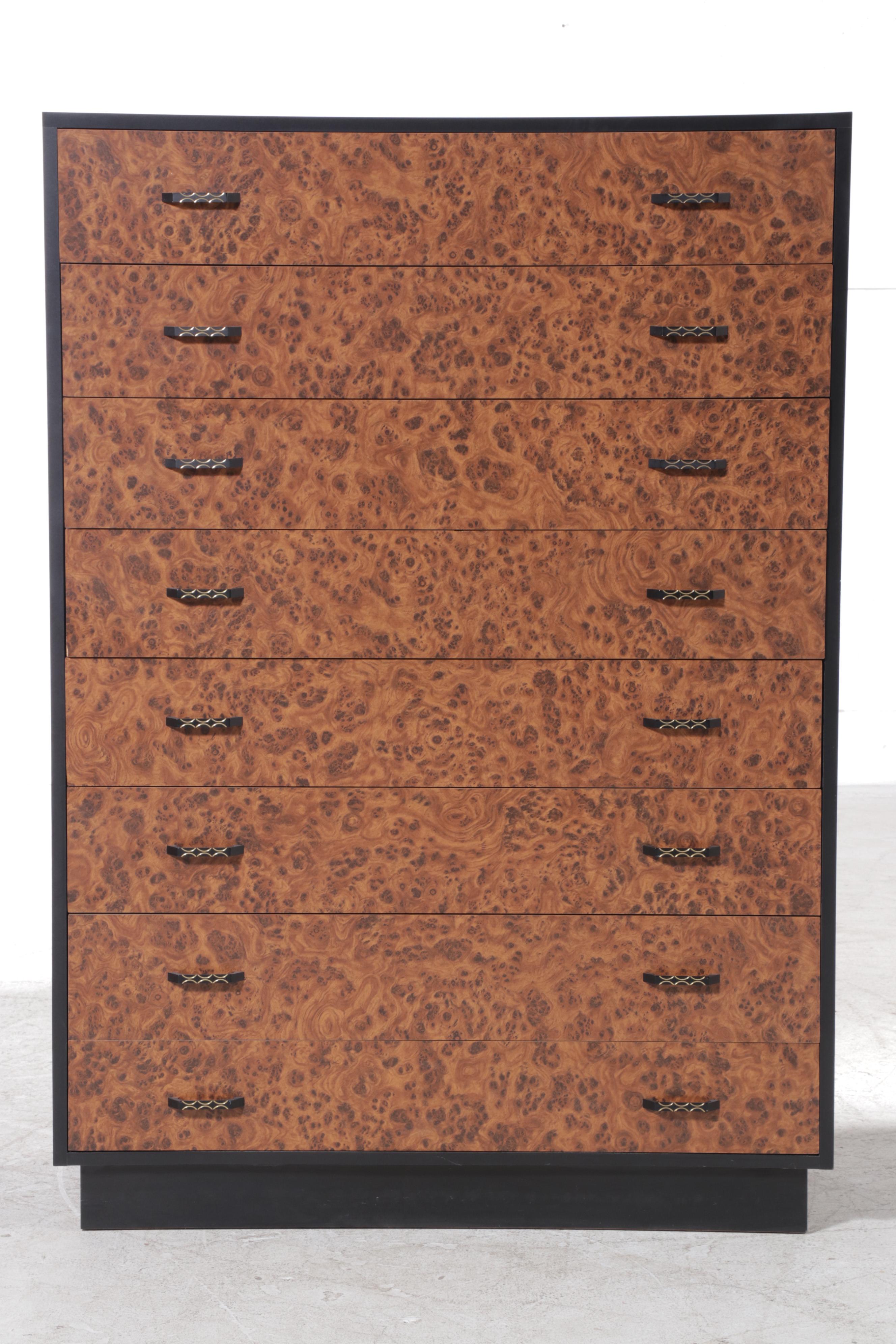 Modern Burl and Ebonized Wooden Eight-Drawer Tall Chest