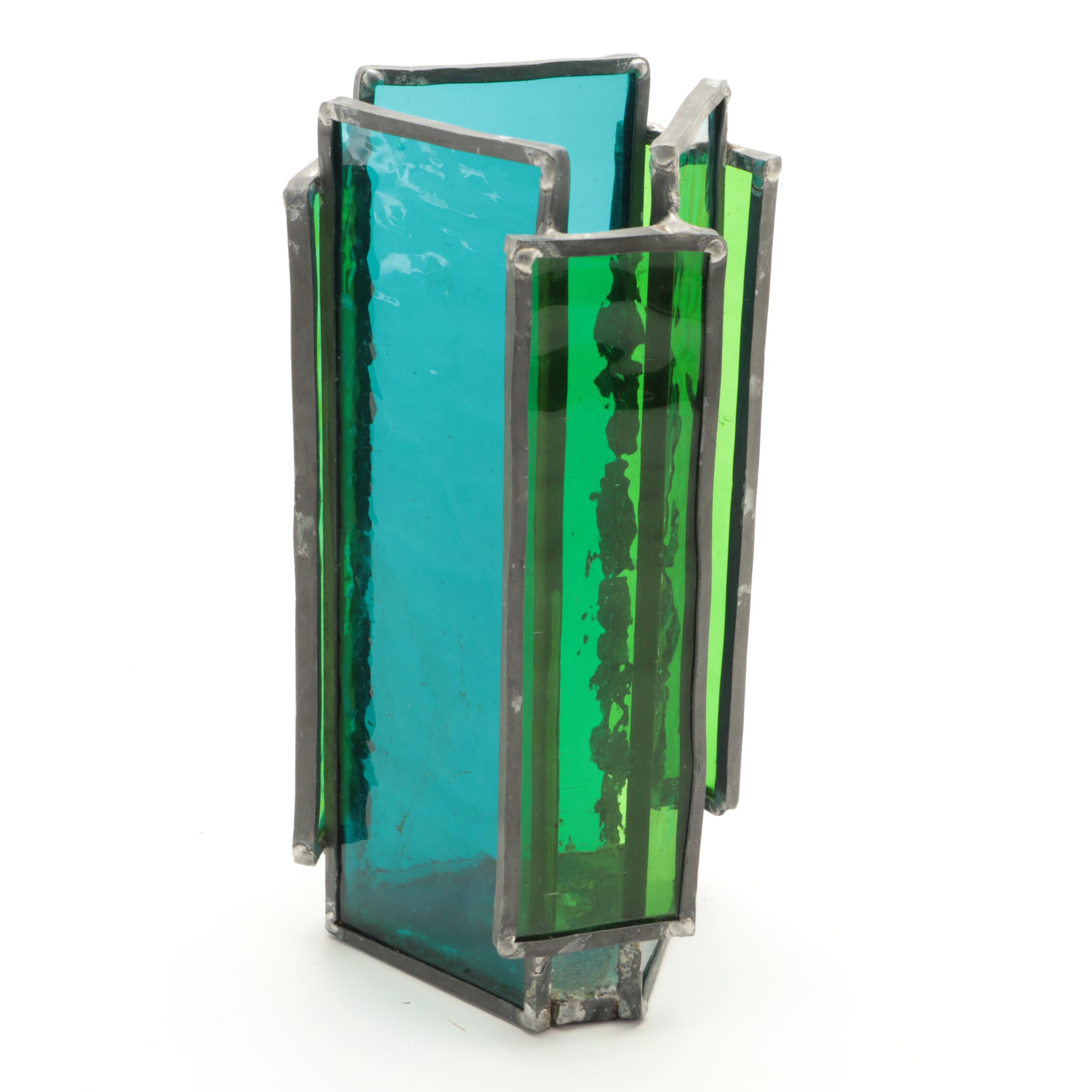 Mid Century Modern Metal Candle Holders with Stained Glass Votive and Candles