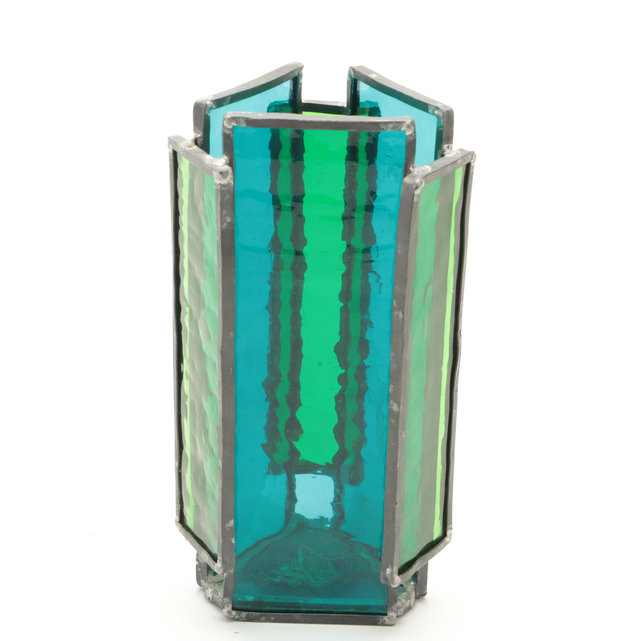 Mid Century Modern Metal Candle Holders with Stained Glass Votive and Candles