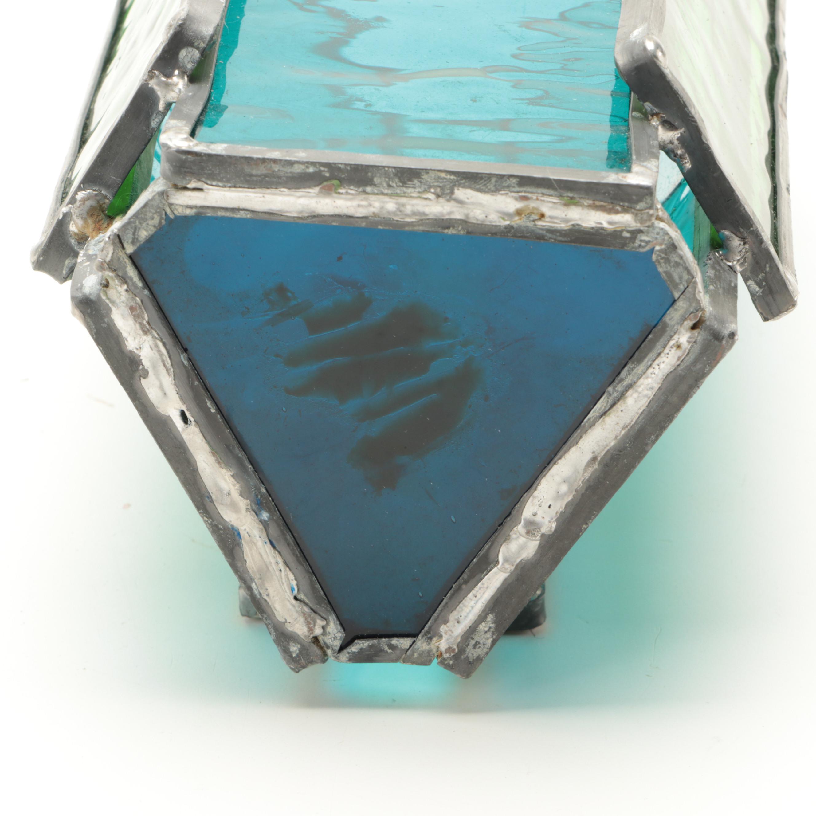 Mid Century Modern Metal Candle Holders with Stained Glass Votive and Candles