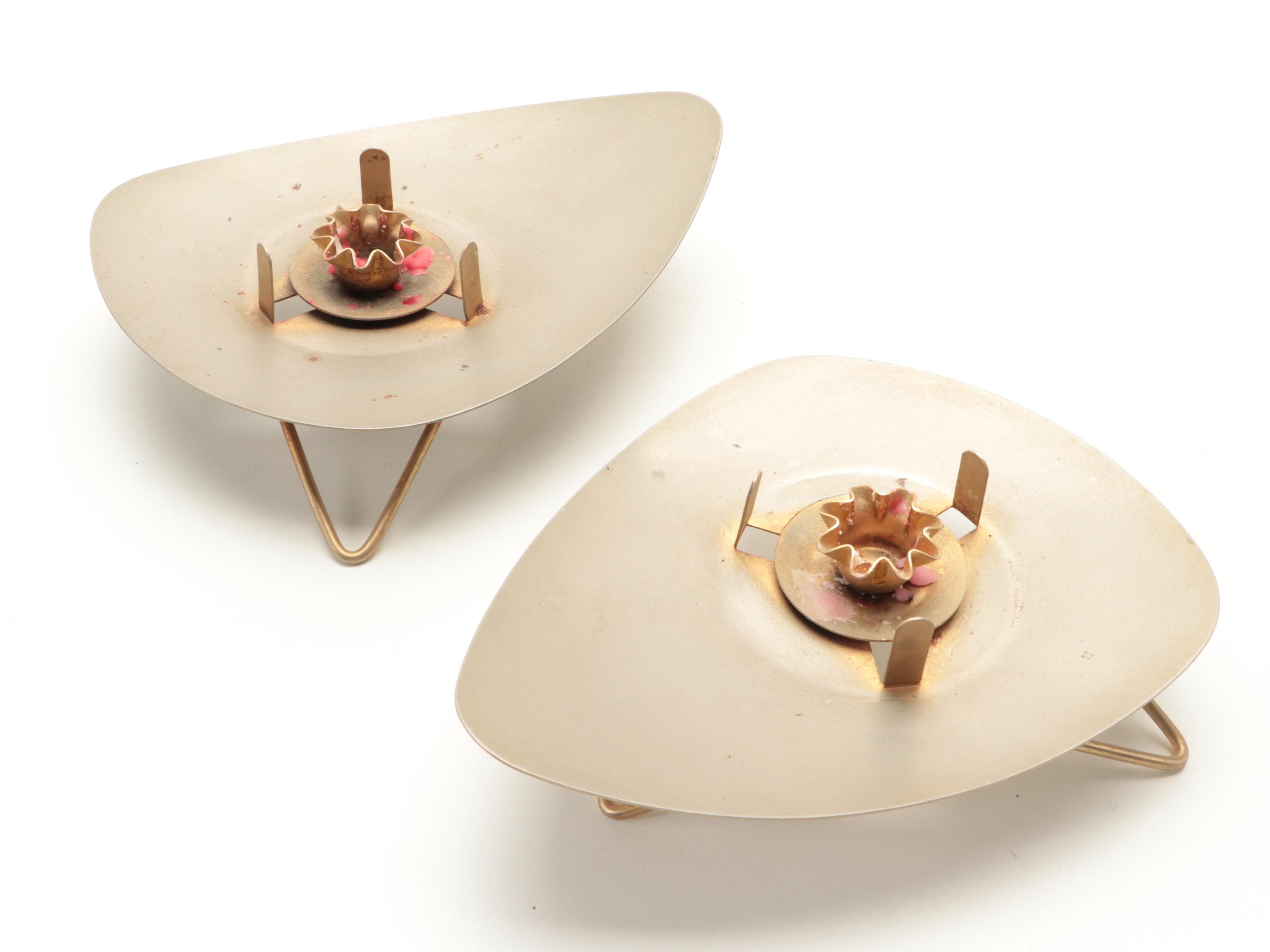 Mid Century Modern Metal Candle Holders with Stained Glass Votive and Candles