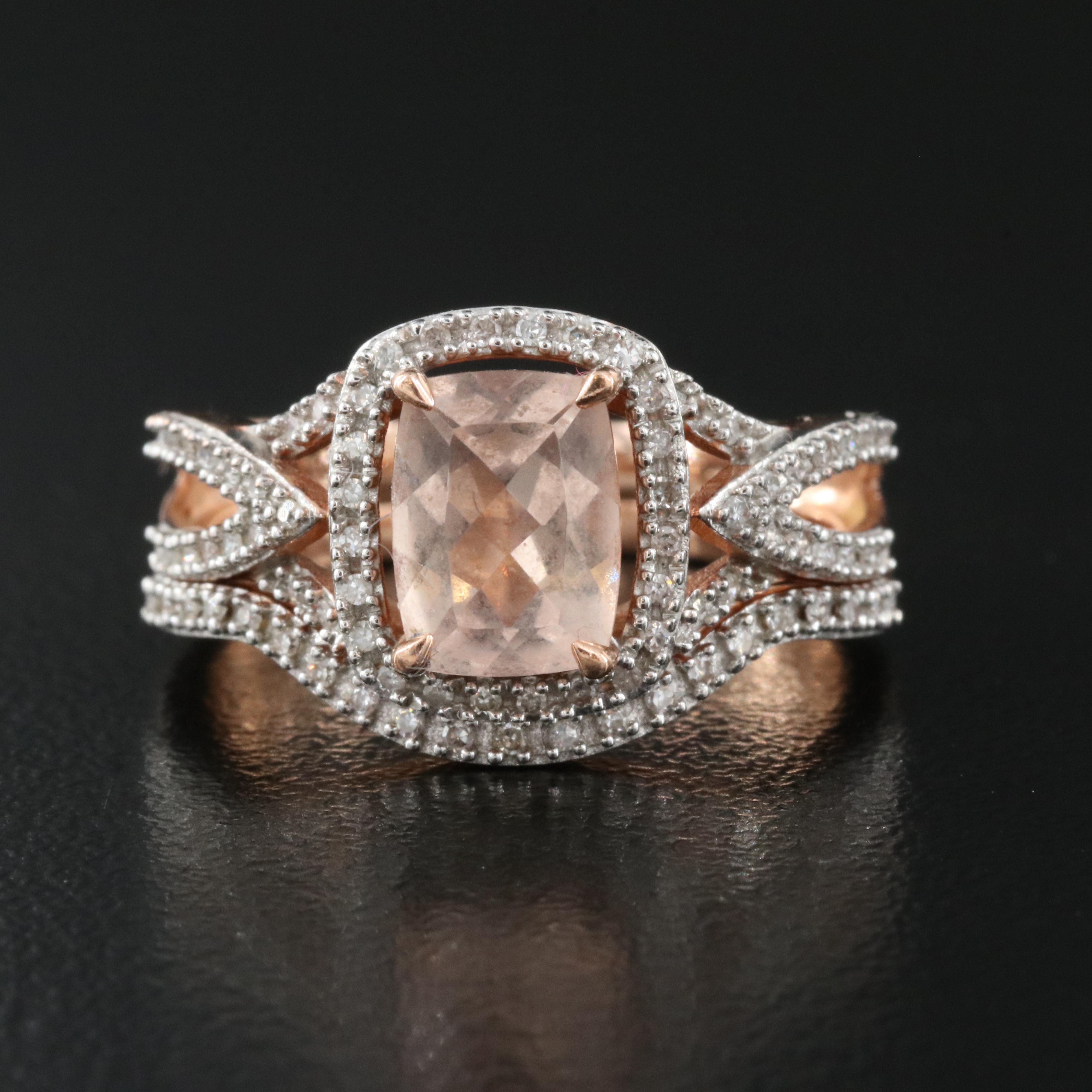 10K Rose Gold Morganite and Diamond Ring and Band Set