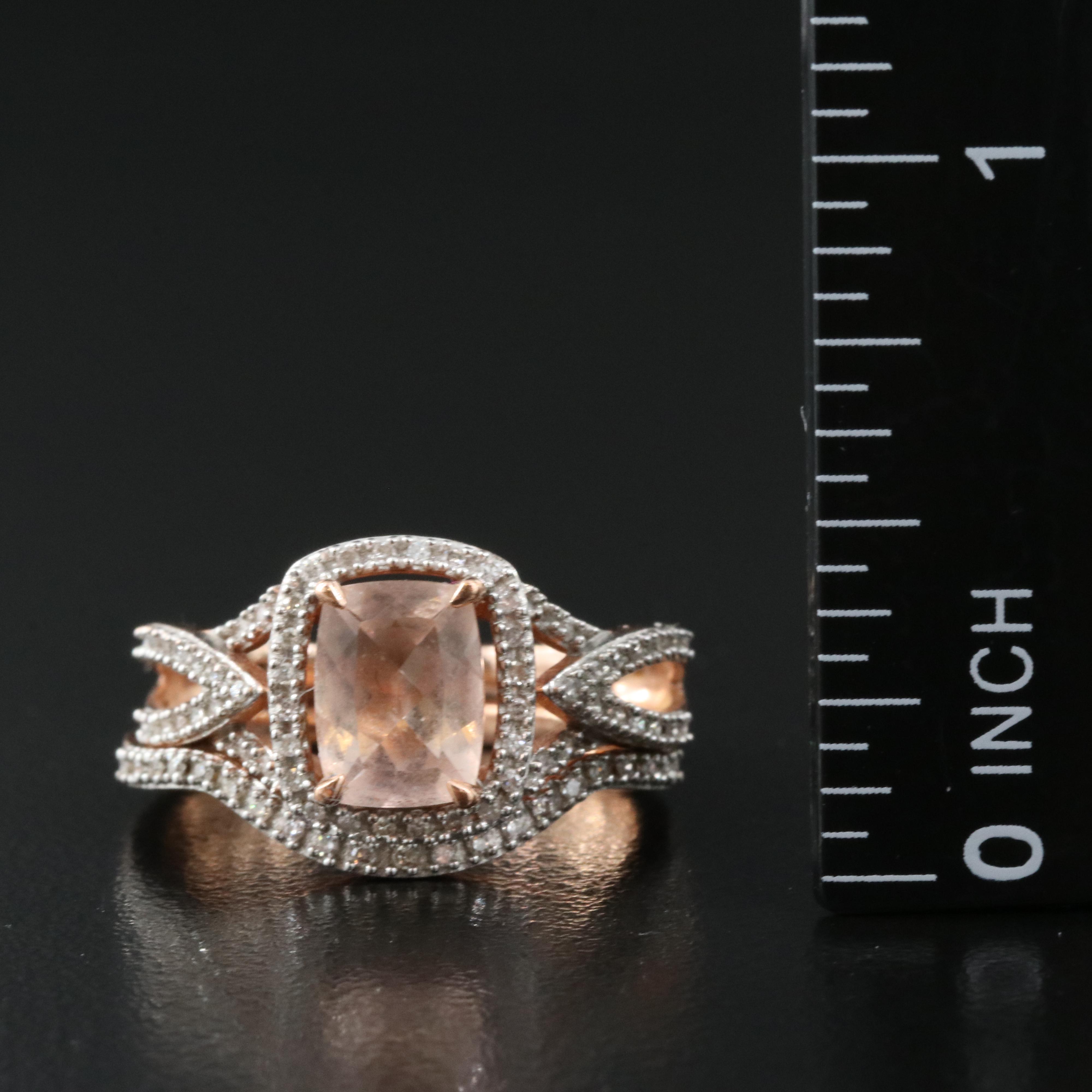 10K Rose Gold Morganite and Diamond Ring and Band Set