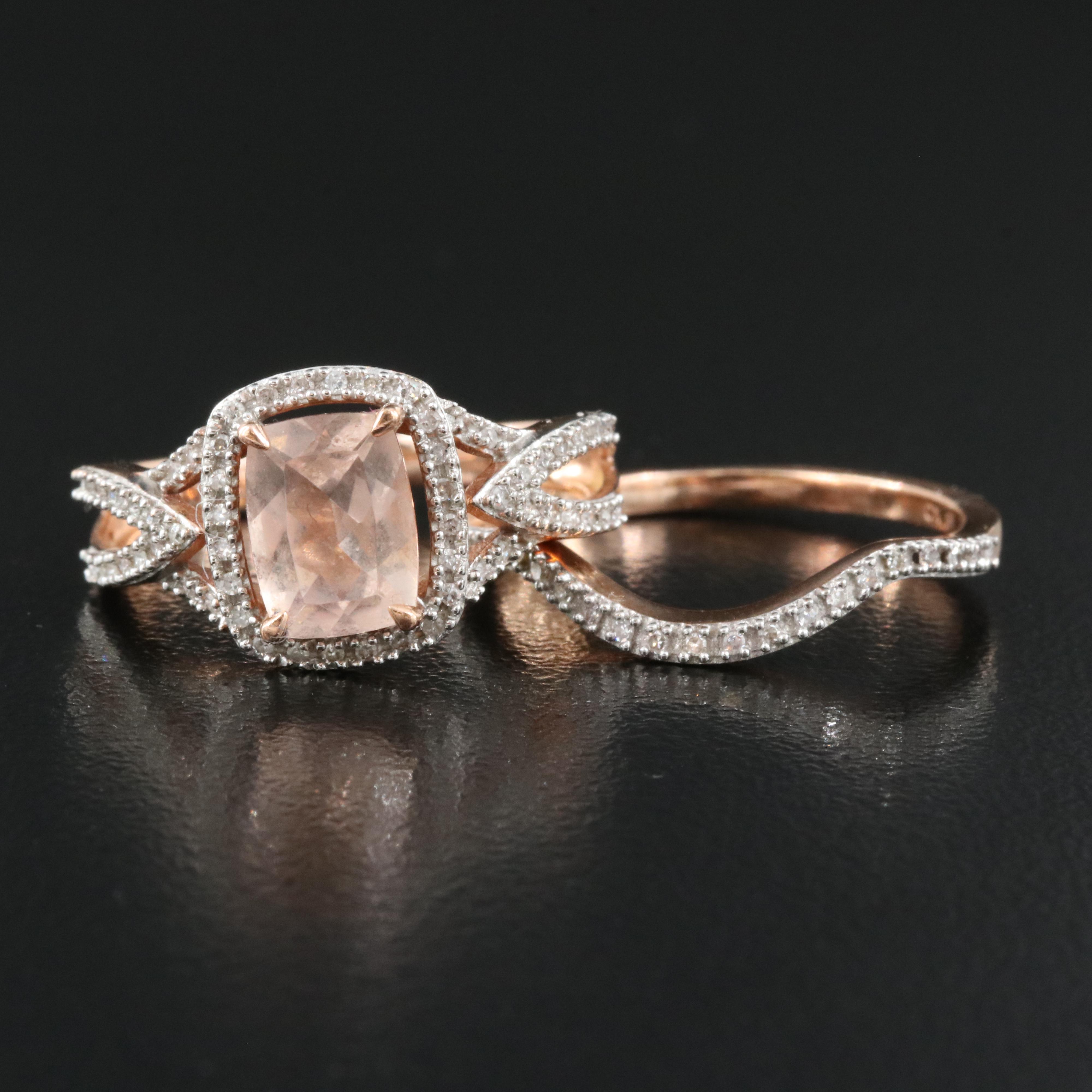 10K Rose Gold Morganite and Diamond Ring and Band Set