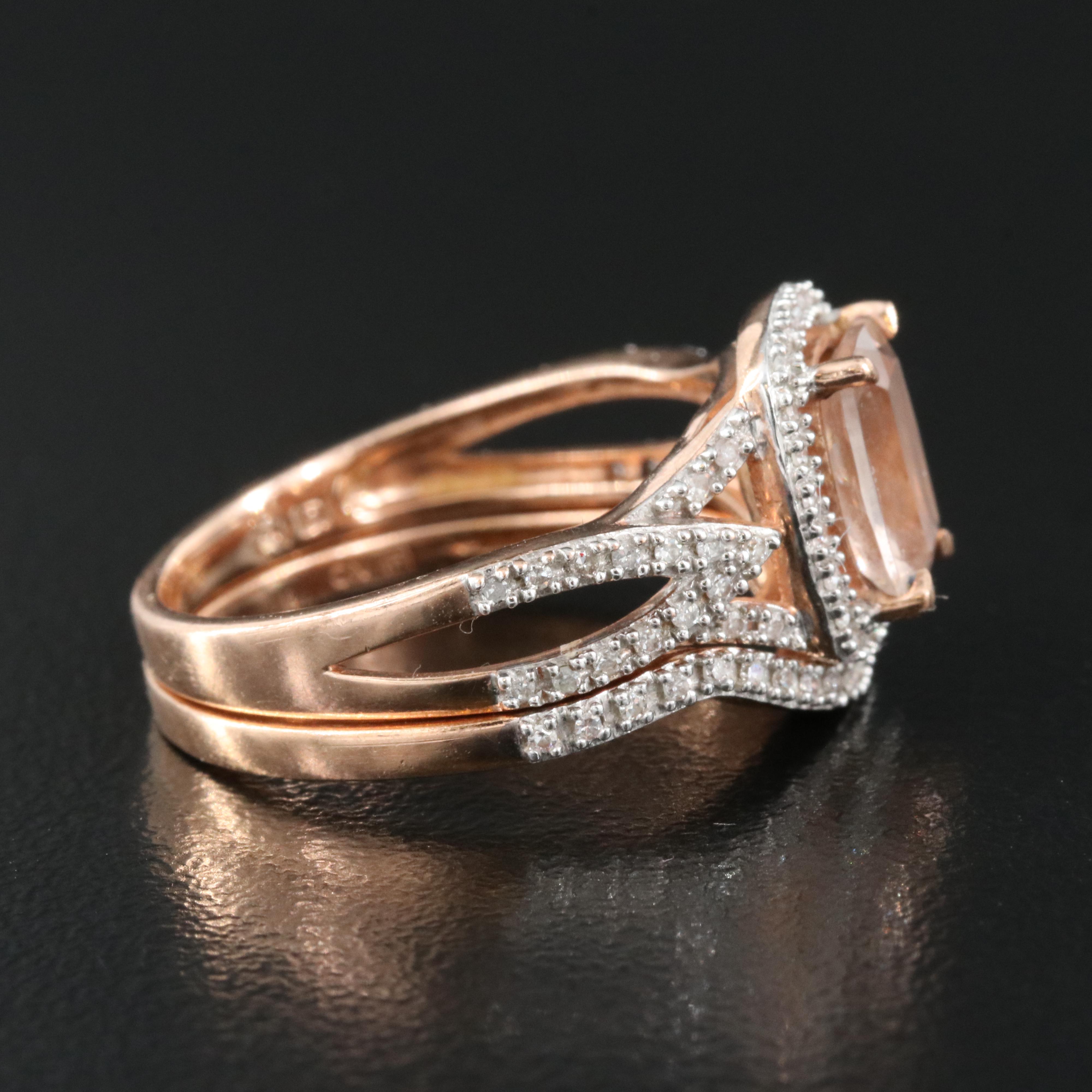 10K Rose Gold Morganite and Diamond Ring and Band Set