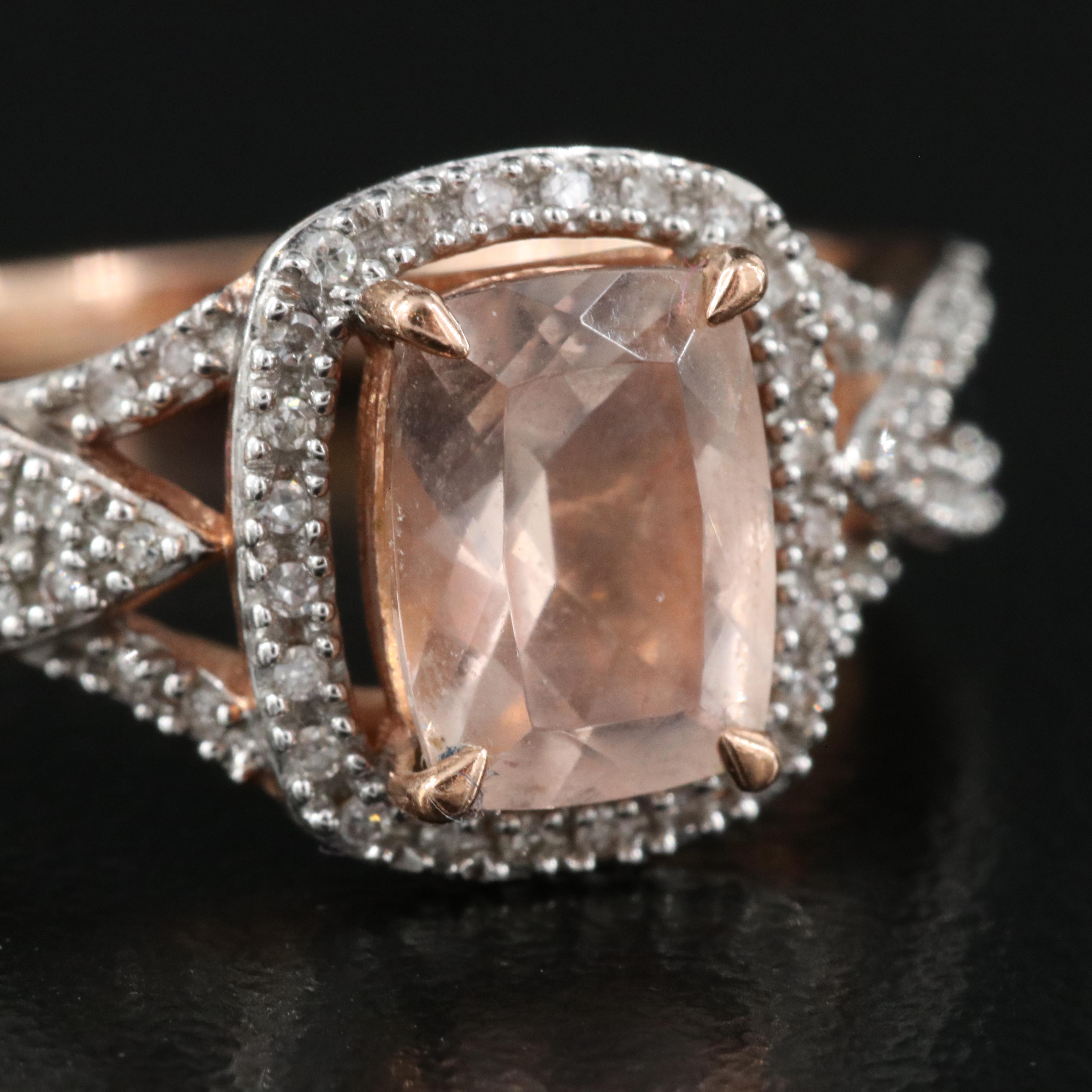 10K Rose Gold Morganite and Diamond Ring and Band Set
