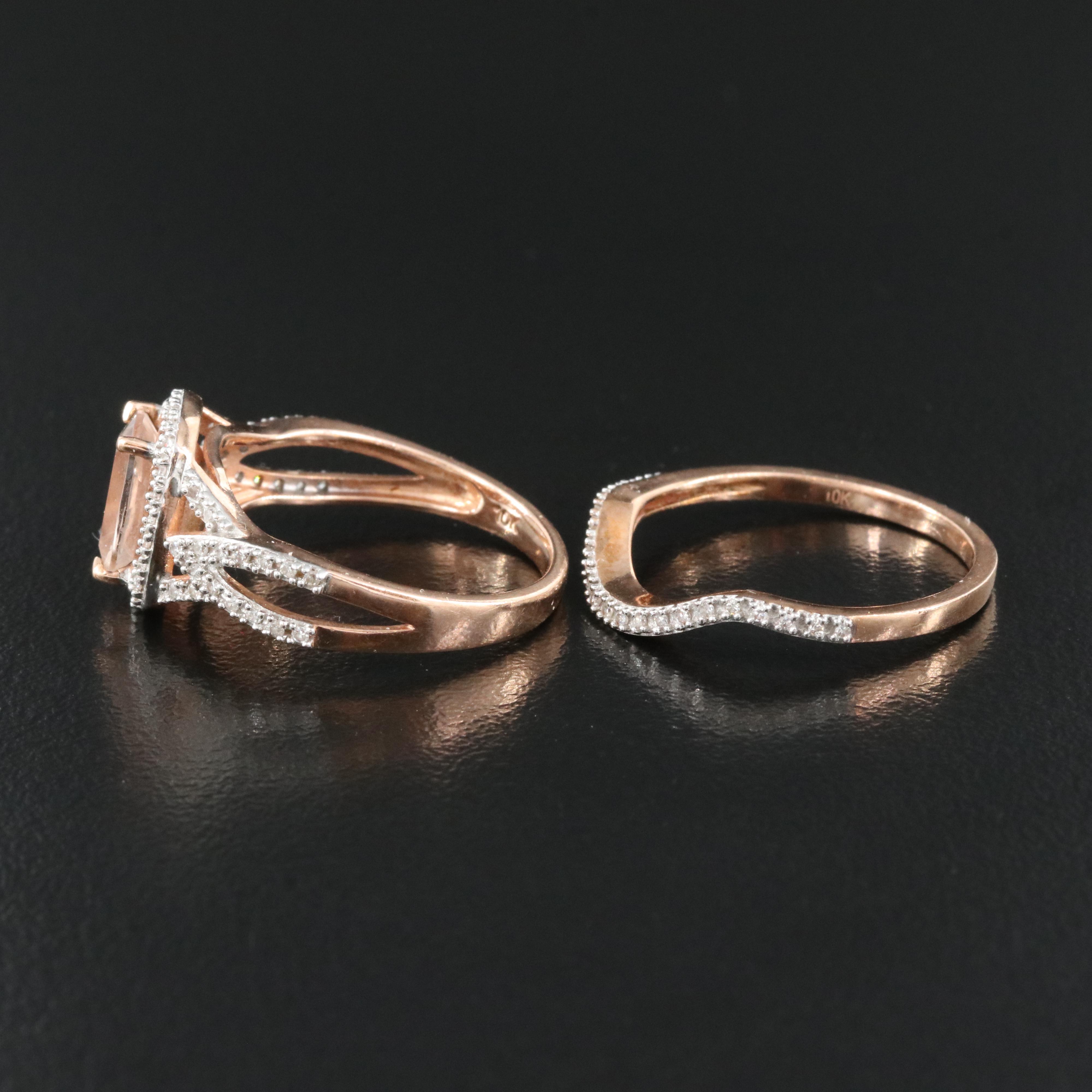 10K Rose Gold Morganite and Diamond Ring and Band Set