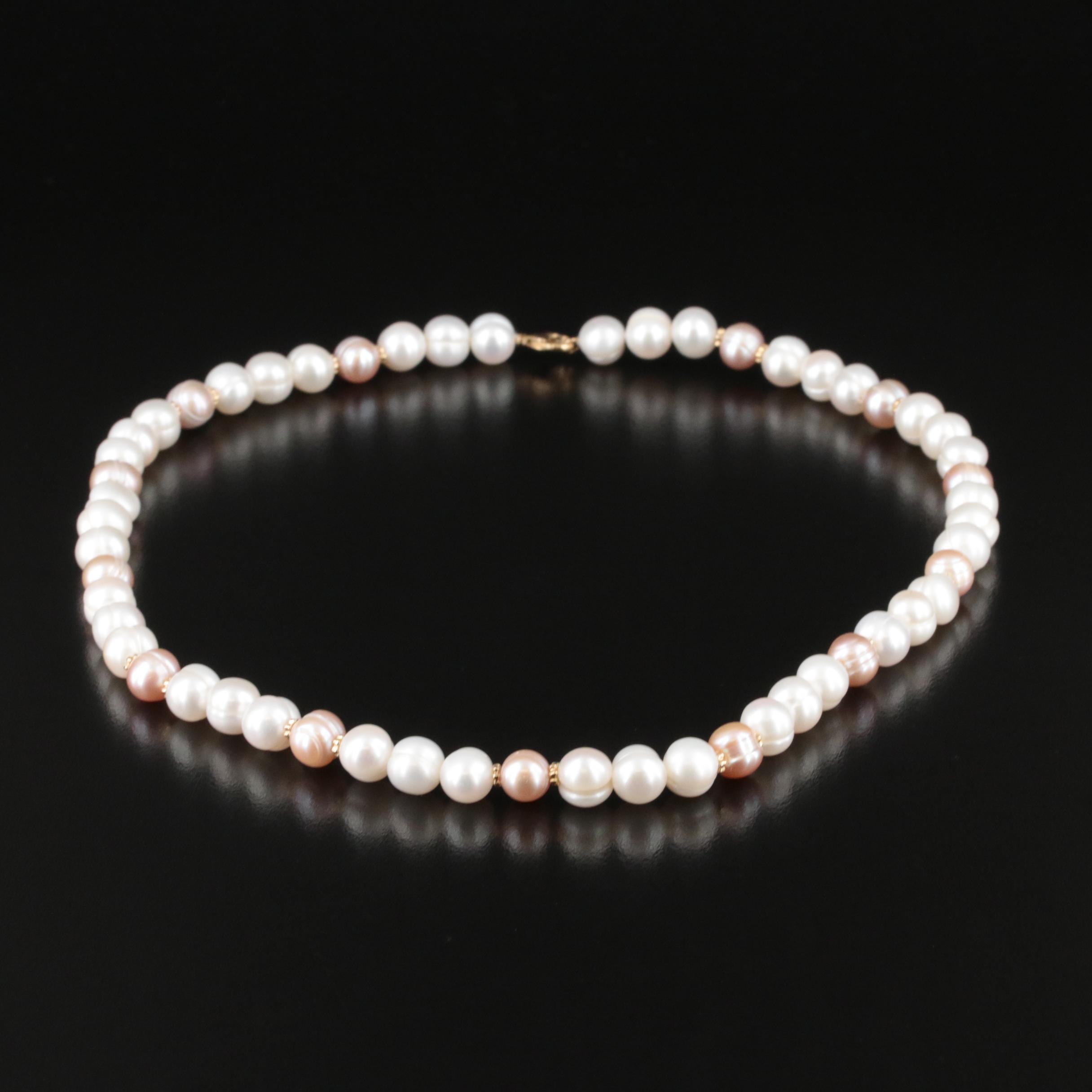 Pearl Necklace with 14K Clasp and Spacer Beads