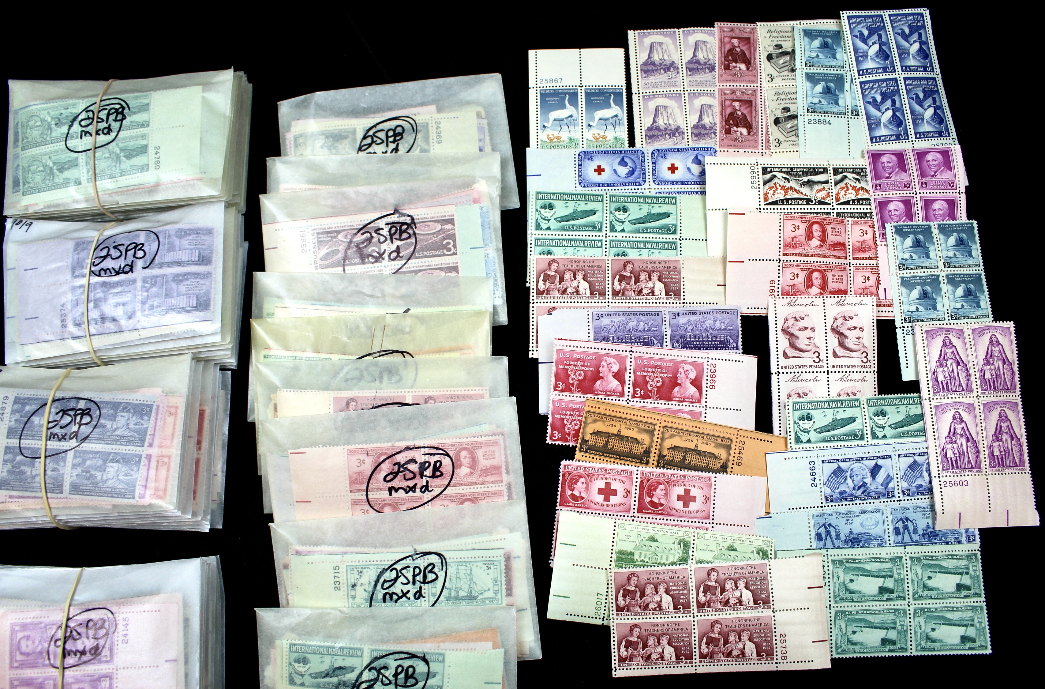 1,250 U.S. 3-Cent Postage Stamp Plate Blocks, 1940s-1950s