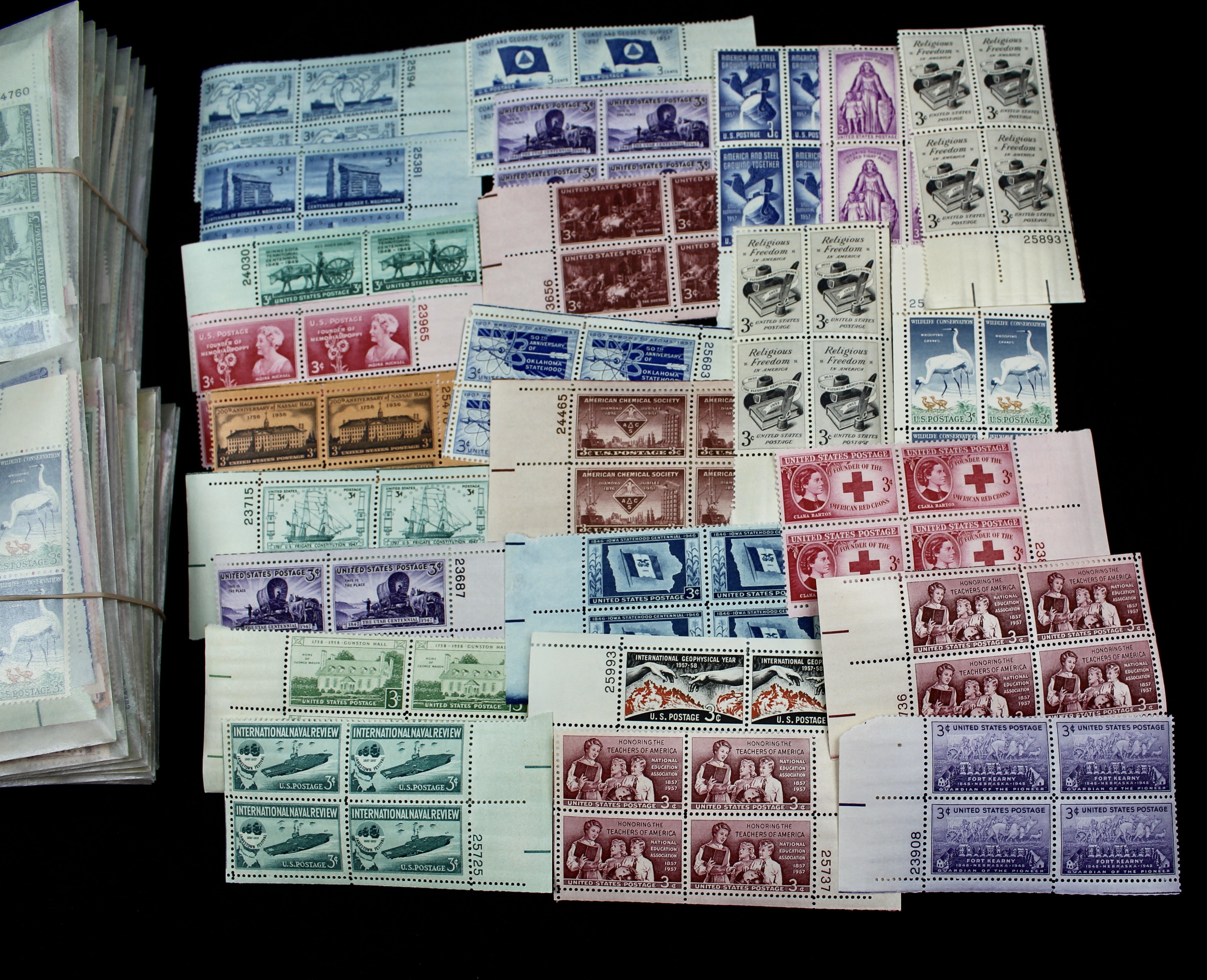 1,250 U.S. 3-Cent Postage Stamp Plate Blocks, 1940s-1950s