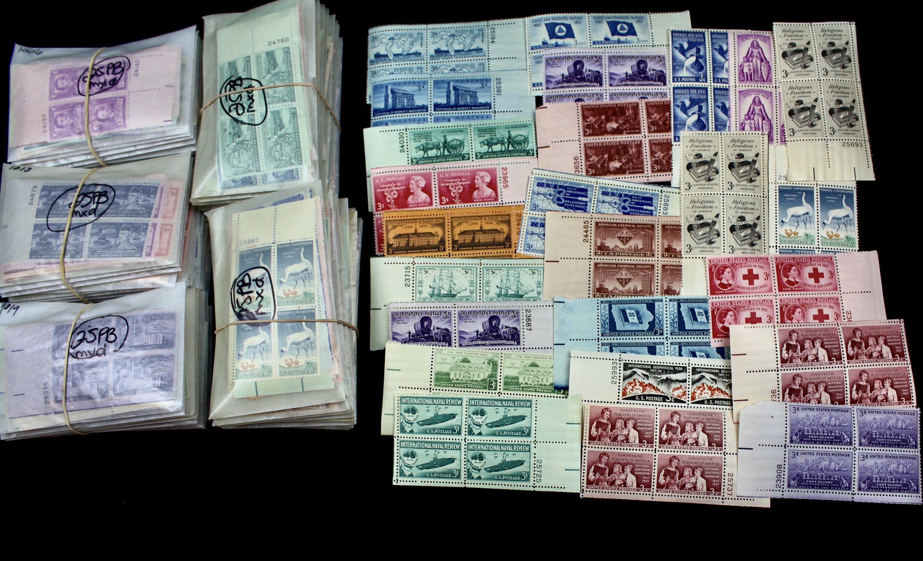 1,250 U.S. 3-Cent Postage Stamp Plate Blocks, 1940s-1950s