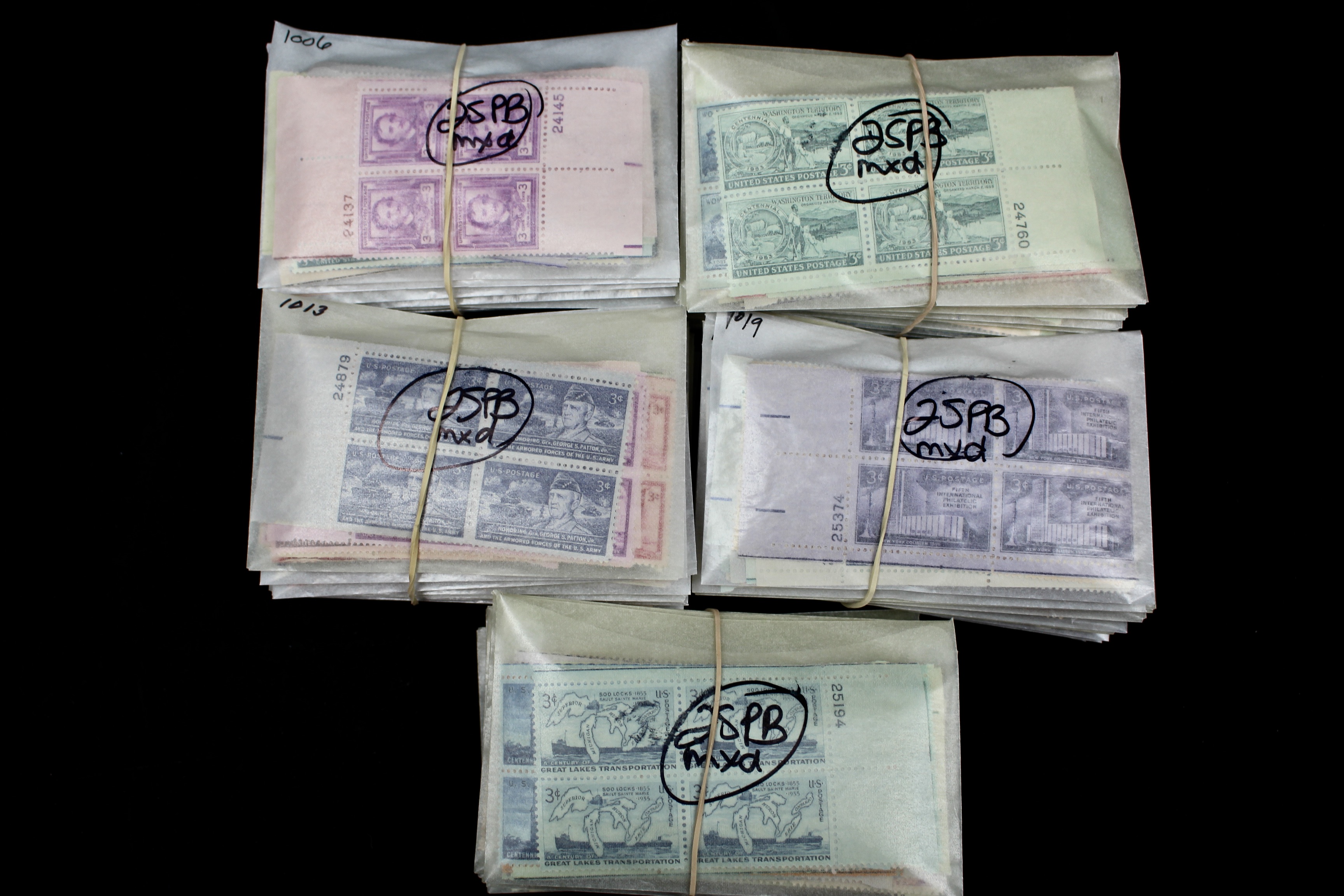 1,250 U.S. 3-Cent Postage Stamp Plate Blocks, 1940s-1950s