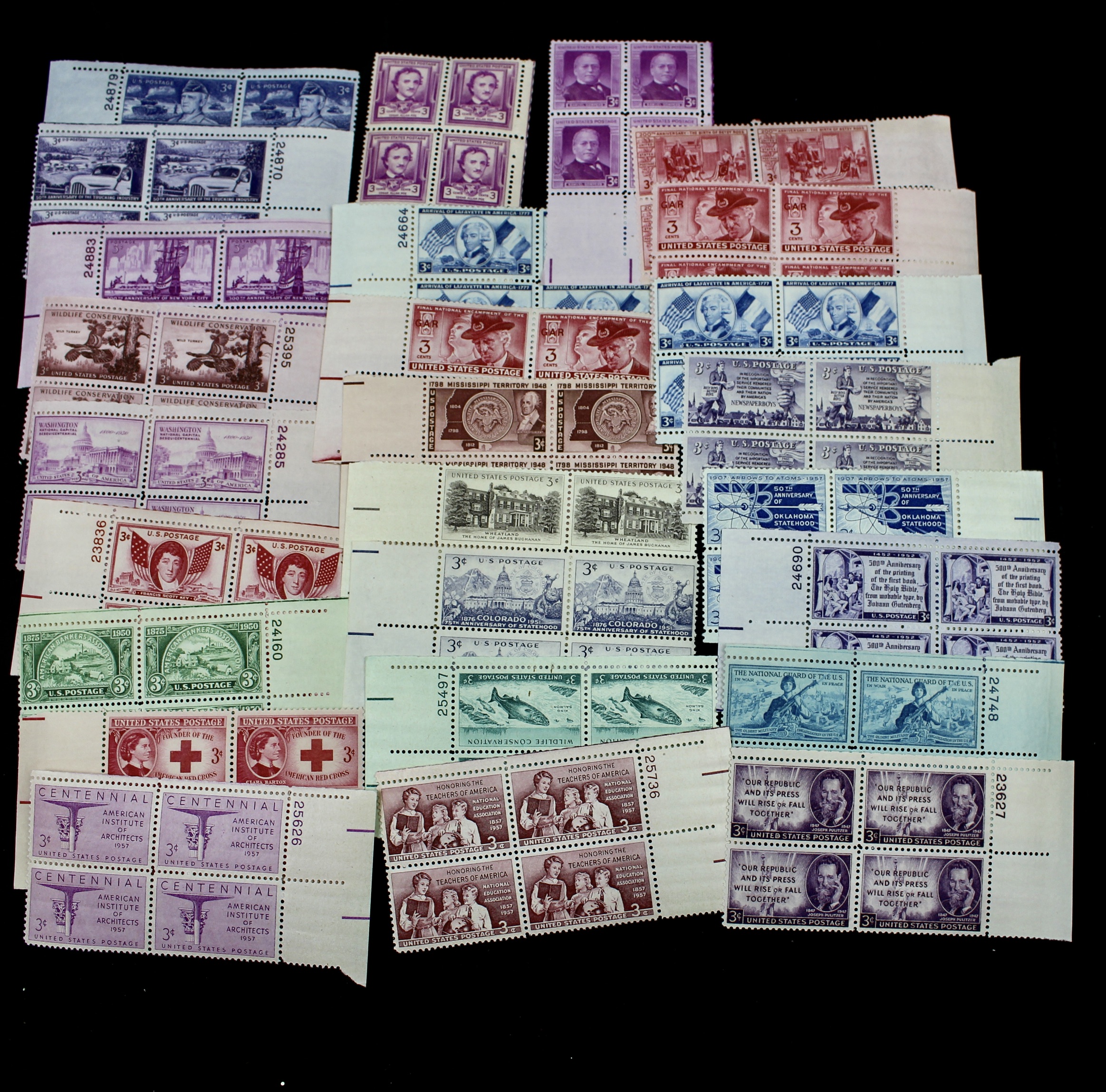 1,250 U.S. 3-Cent Postage Stamp Plate Blocks, 1940s-1950s