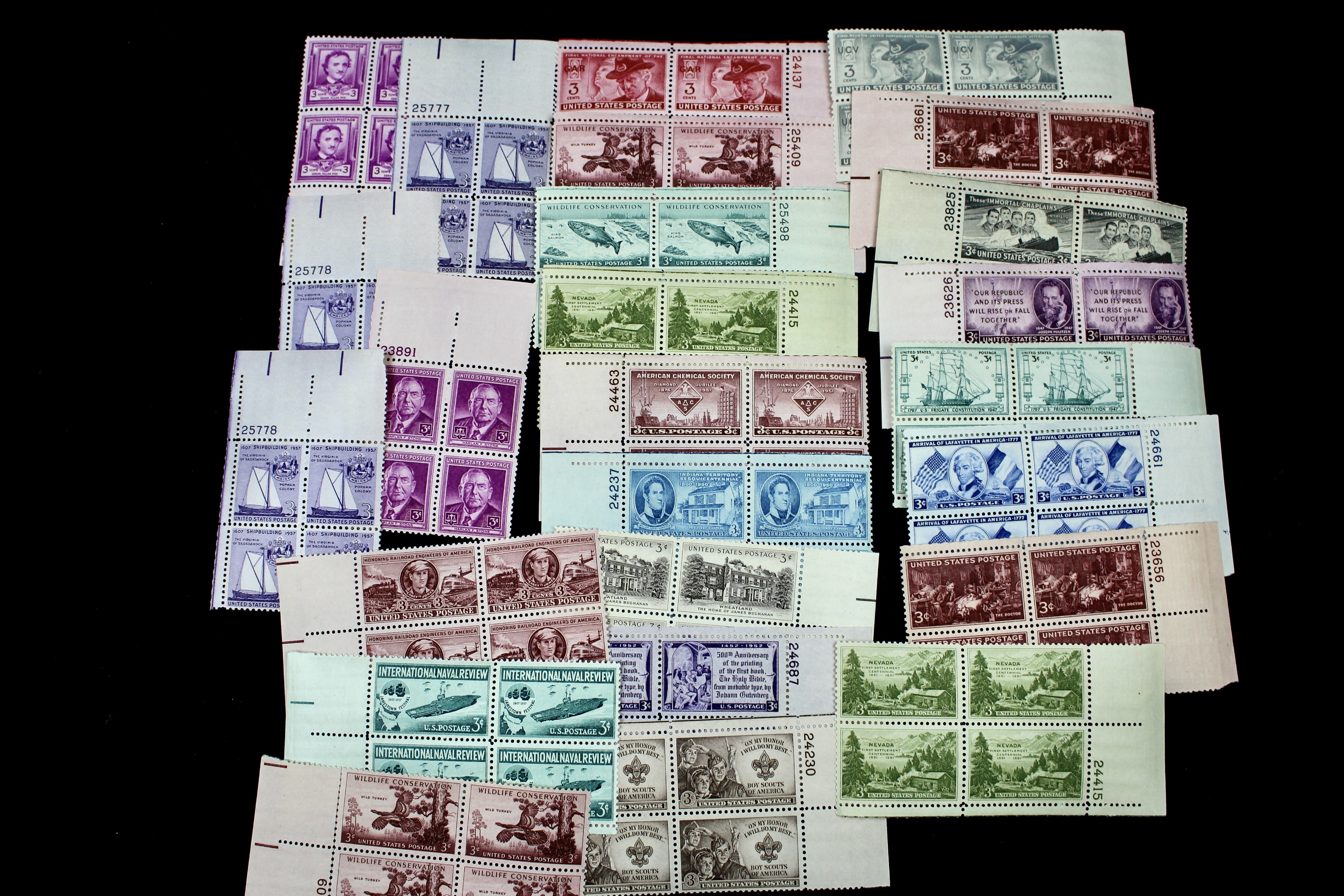 1,250 U.S. 3-Cent Postage Stamp Plate Blocks, 1940s-1950s