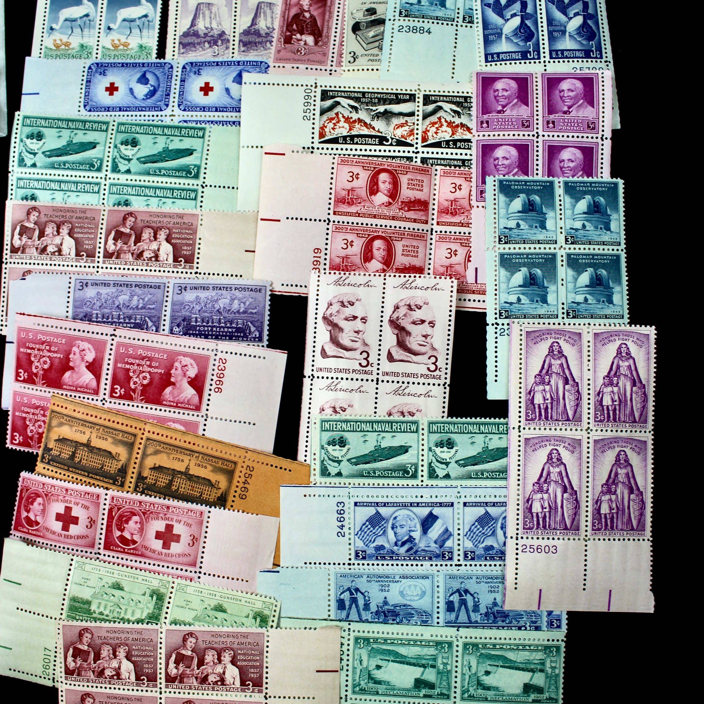 1,250 U.S. 3-Cent Postage Stamp Plate Blocks, 1940s-1950s
