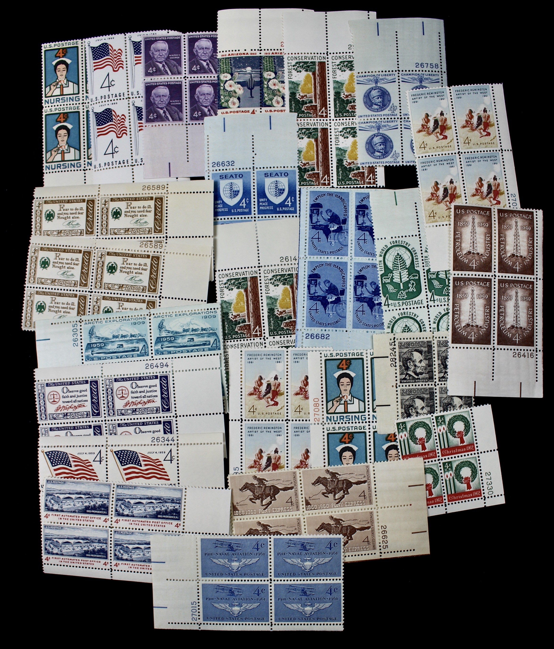 1,050 U.S. 4-Cent Postage Stamp Plate Blocks, 1950s-1960s