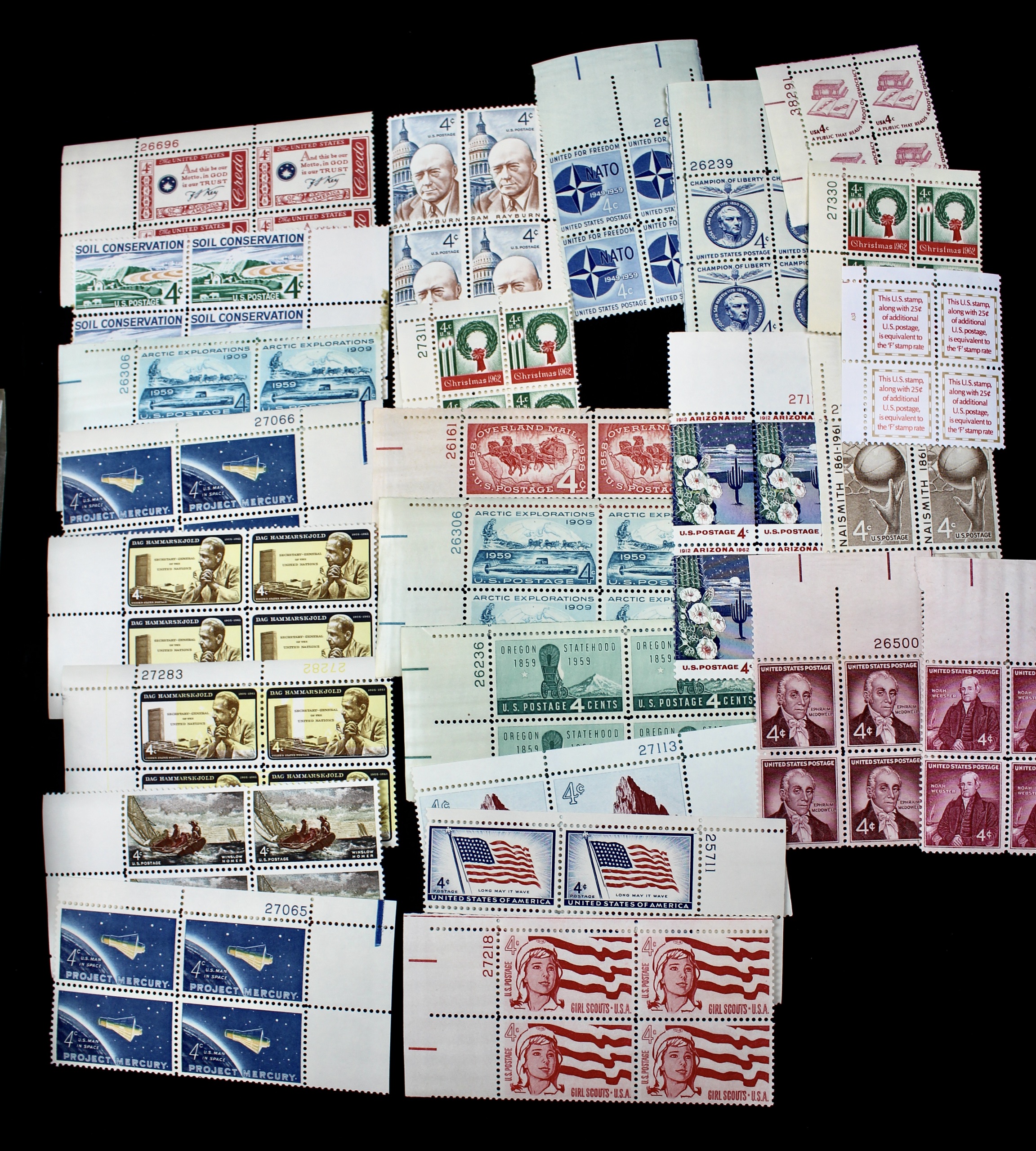 1,050 U.S. 4-Cent Postage Stamp Plate Blocks, 1950s-1960s
