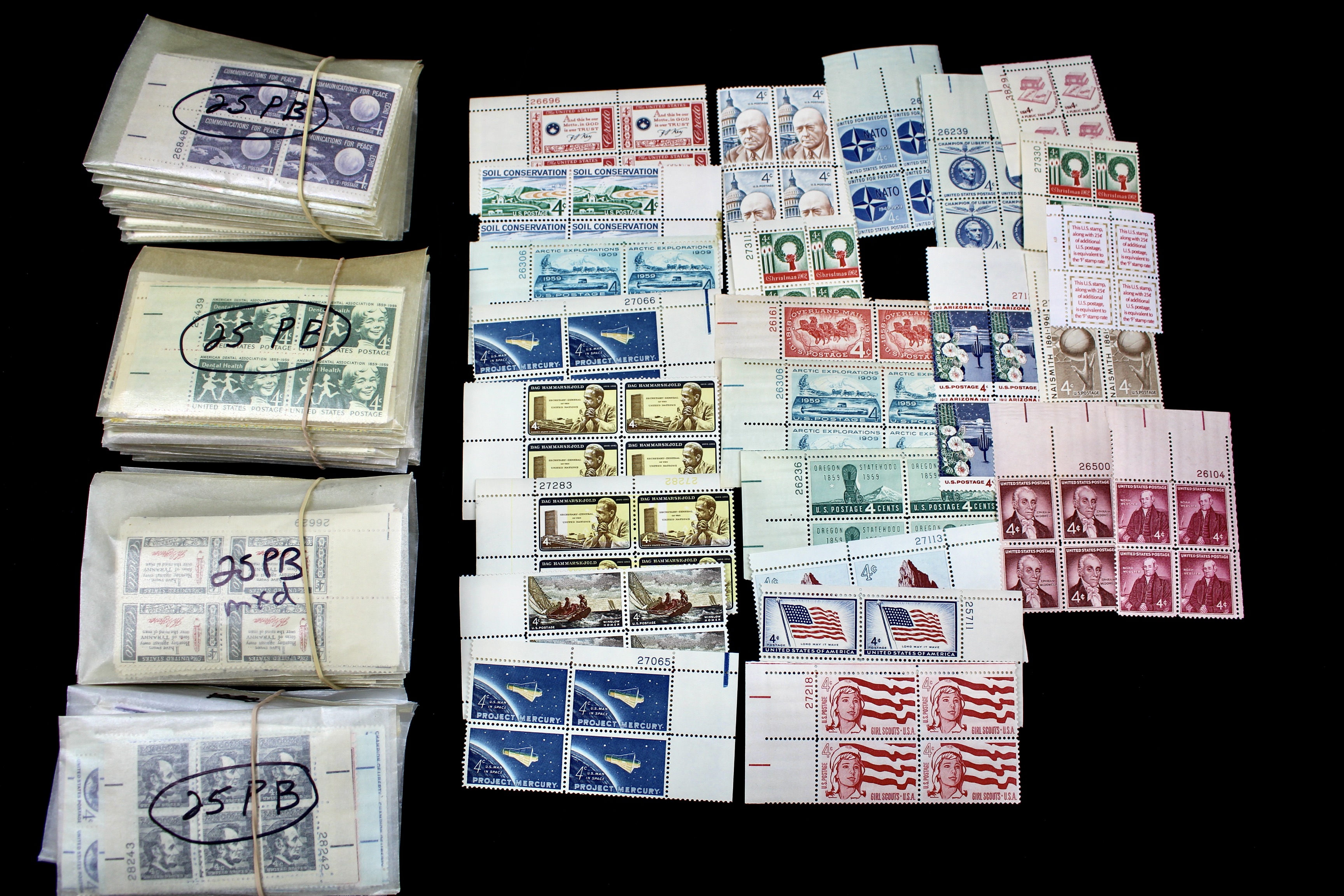 1,050 U.S. 4-Cent Postage Stamp Plate Blocks, 1950s-1960s