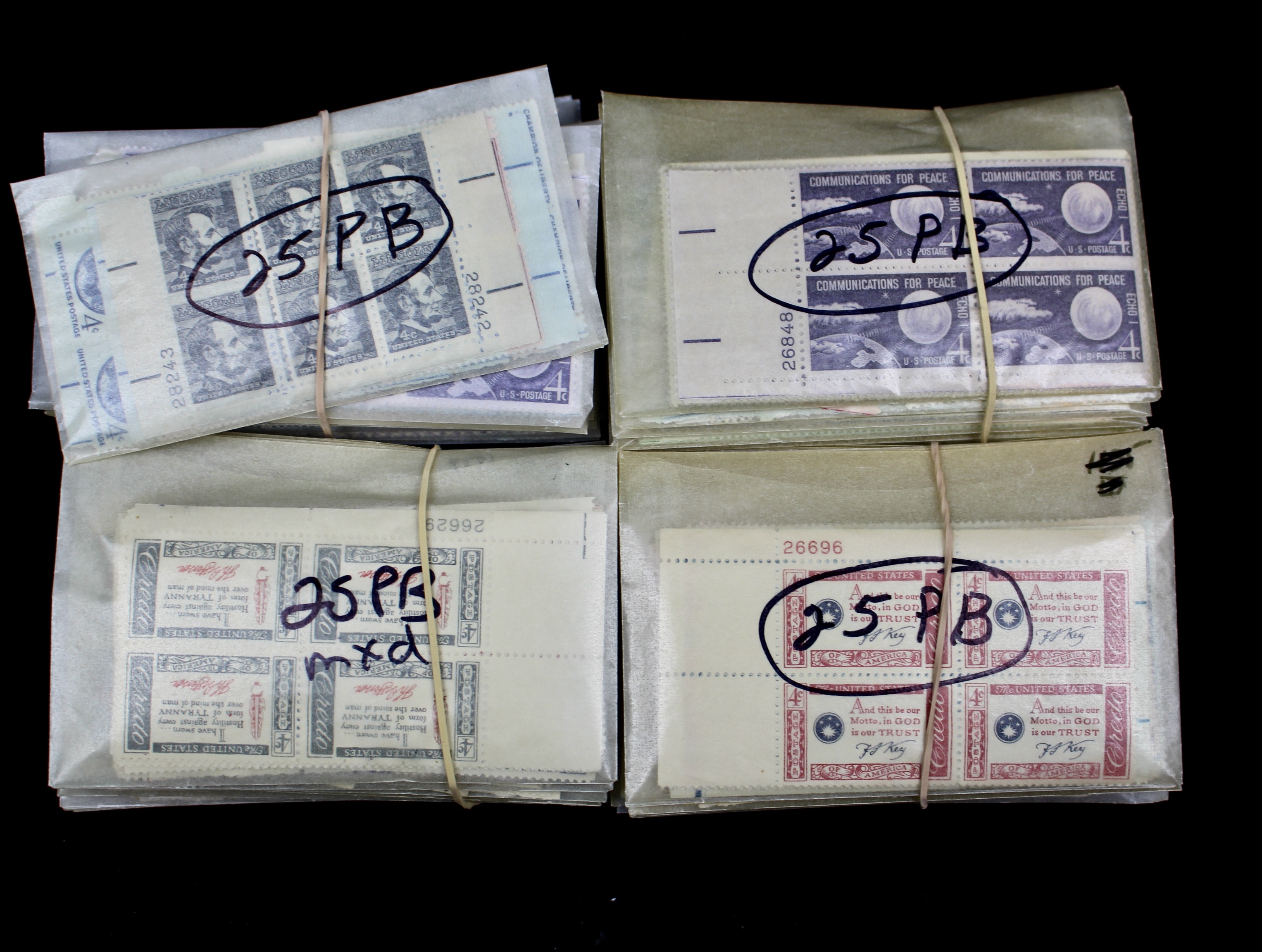 1,050 U.S. 4-Cent Postage Stamp Plate Blocks, 1950s-1960s