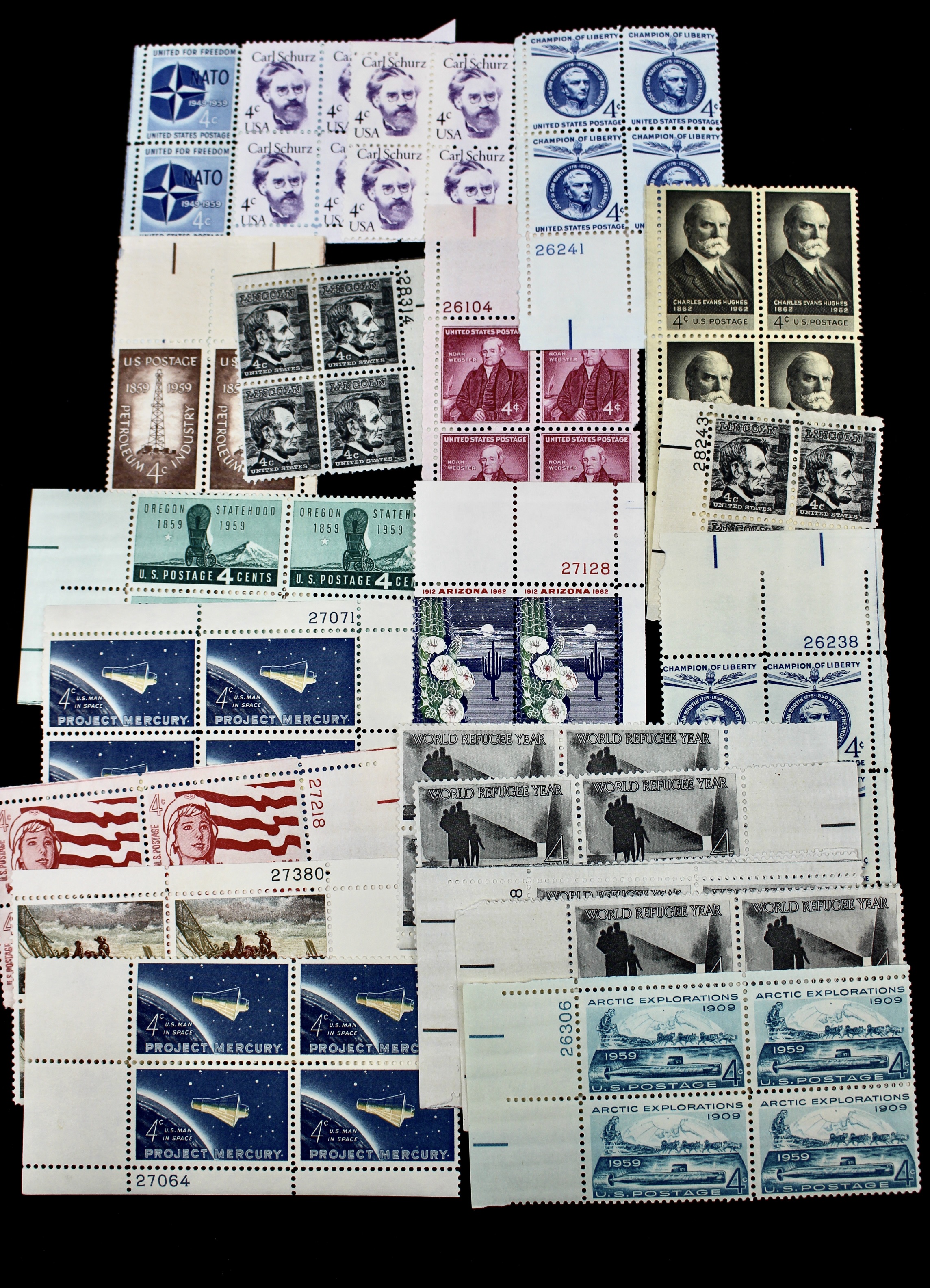 1,050 U.S. 4-Cent Postage Stamp Plate Blocks, 1950s-1960s