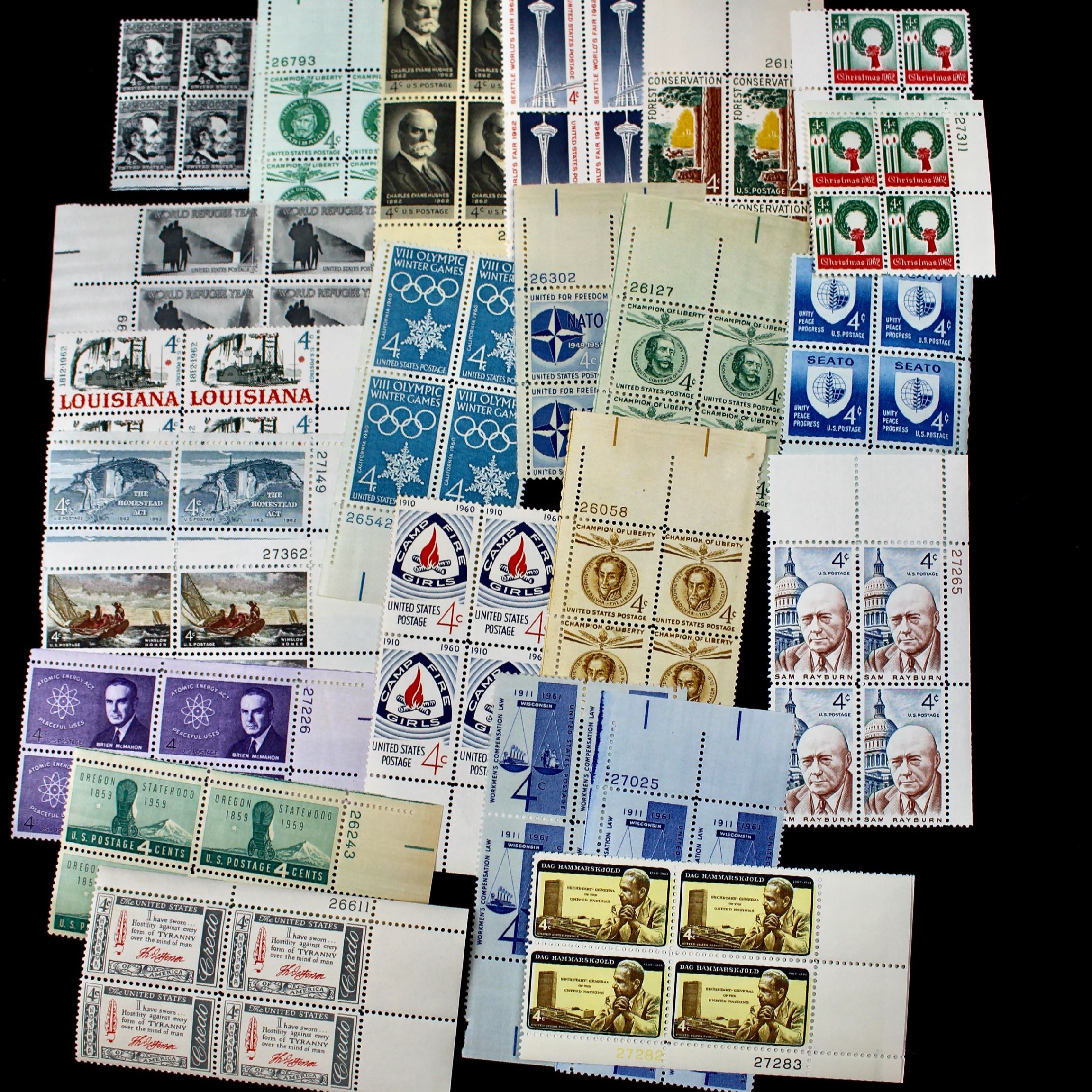 1,050 U.S. 4-Cent Postage Stamp Plate Blocks, 1950s-1960s