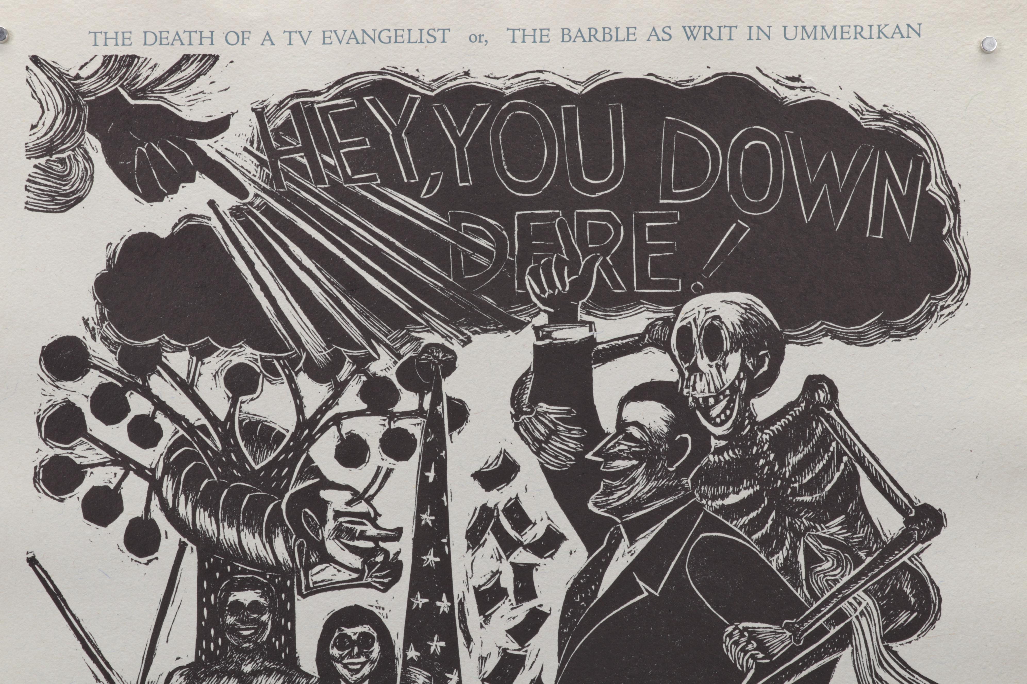 Sidney Chafetz Linocut and Letterpress "Death of a TV Evangelist," 1987