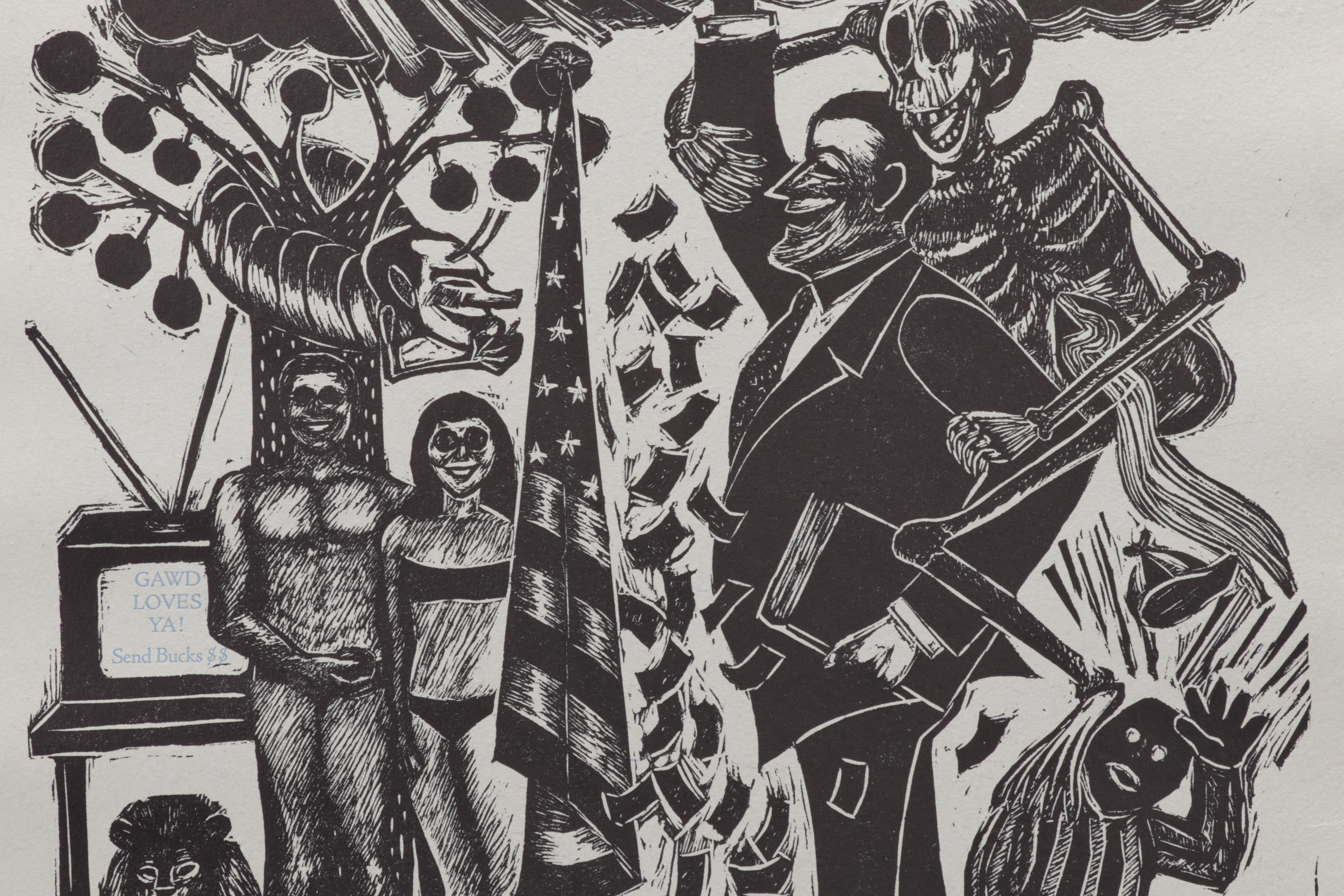 Sidney Chafetz Linocut and Letterpress "Death of a TV Evangelist," 1987