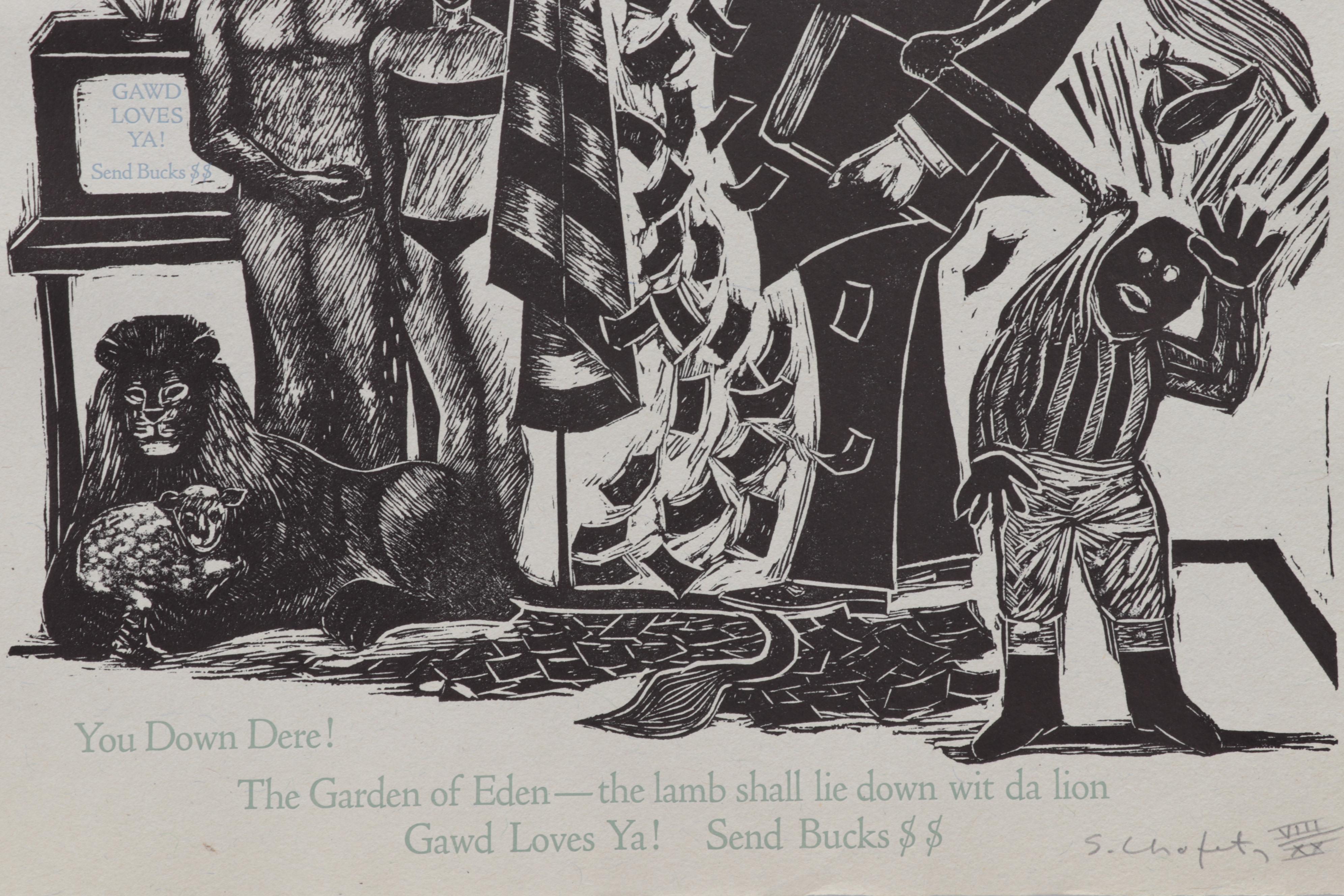 Sidney Chafetz Linocut and Letterpress "Death of a TV Evangelist," 1987