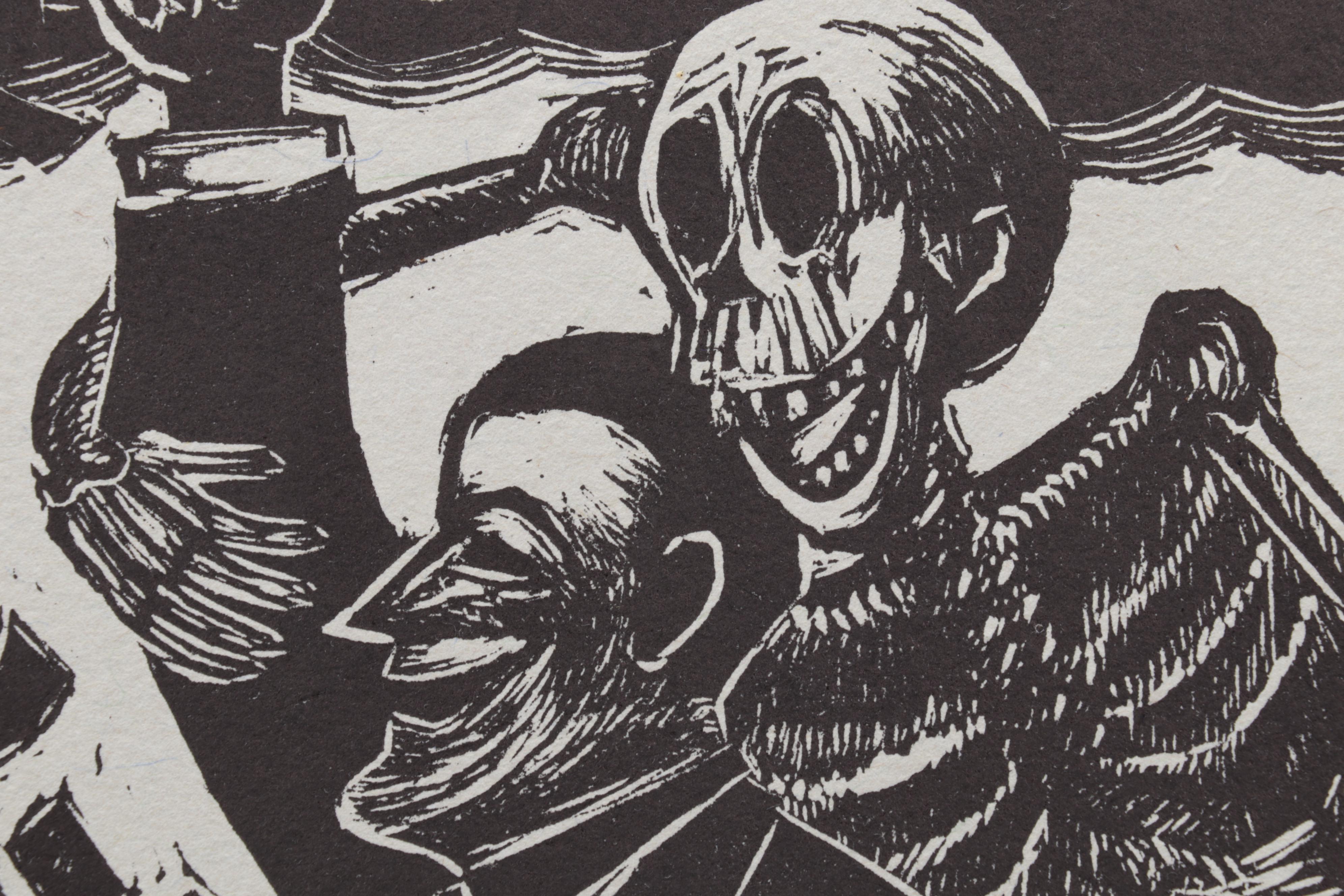 Sidney Chafetz Linocut and Letterpress "Death of a TV Evangelist," 1987