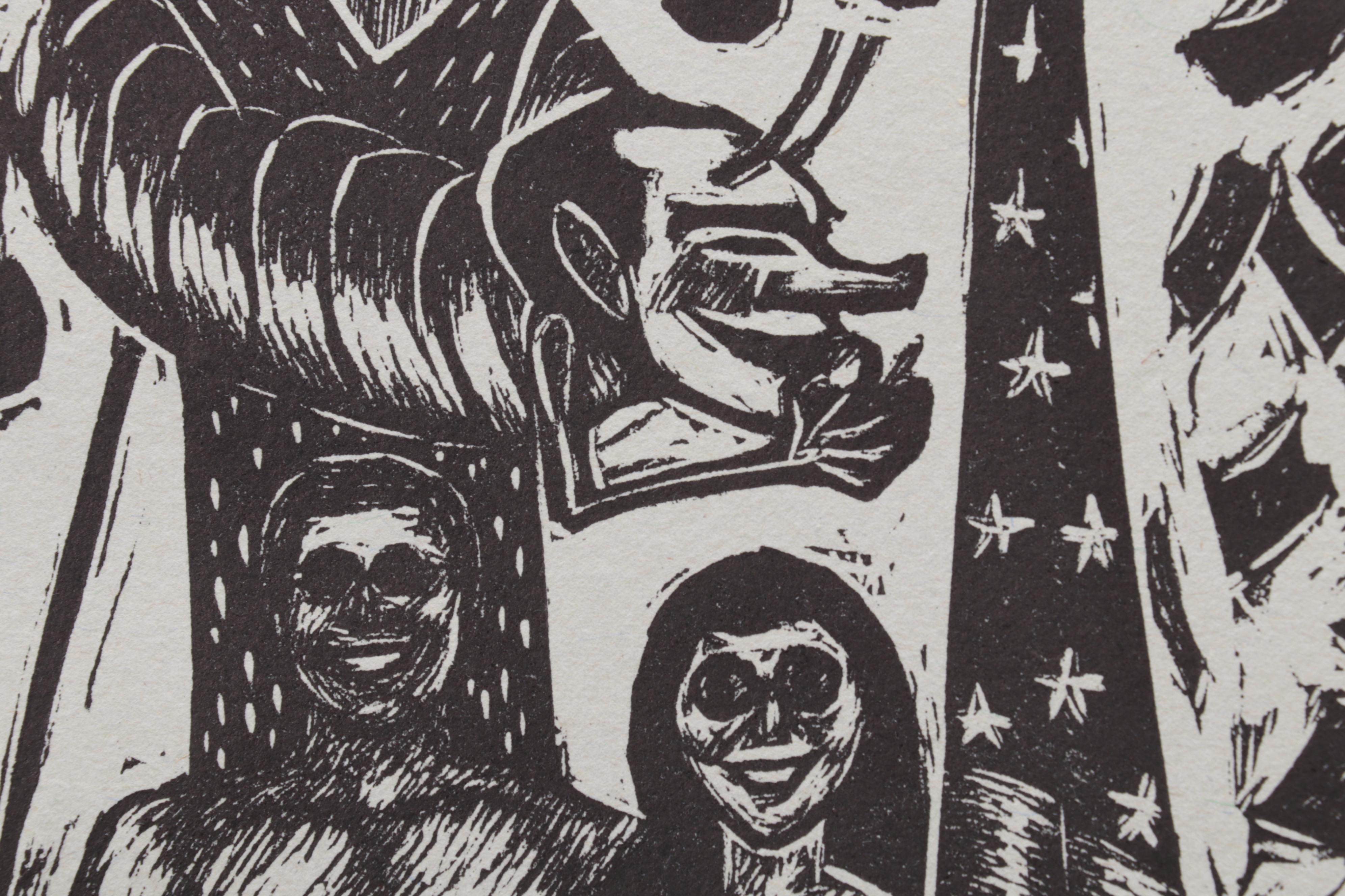 Sidney Chafetz Linocut and Letterpress "Death of a TV Evangelist," 1987