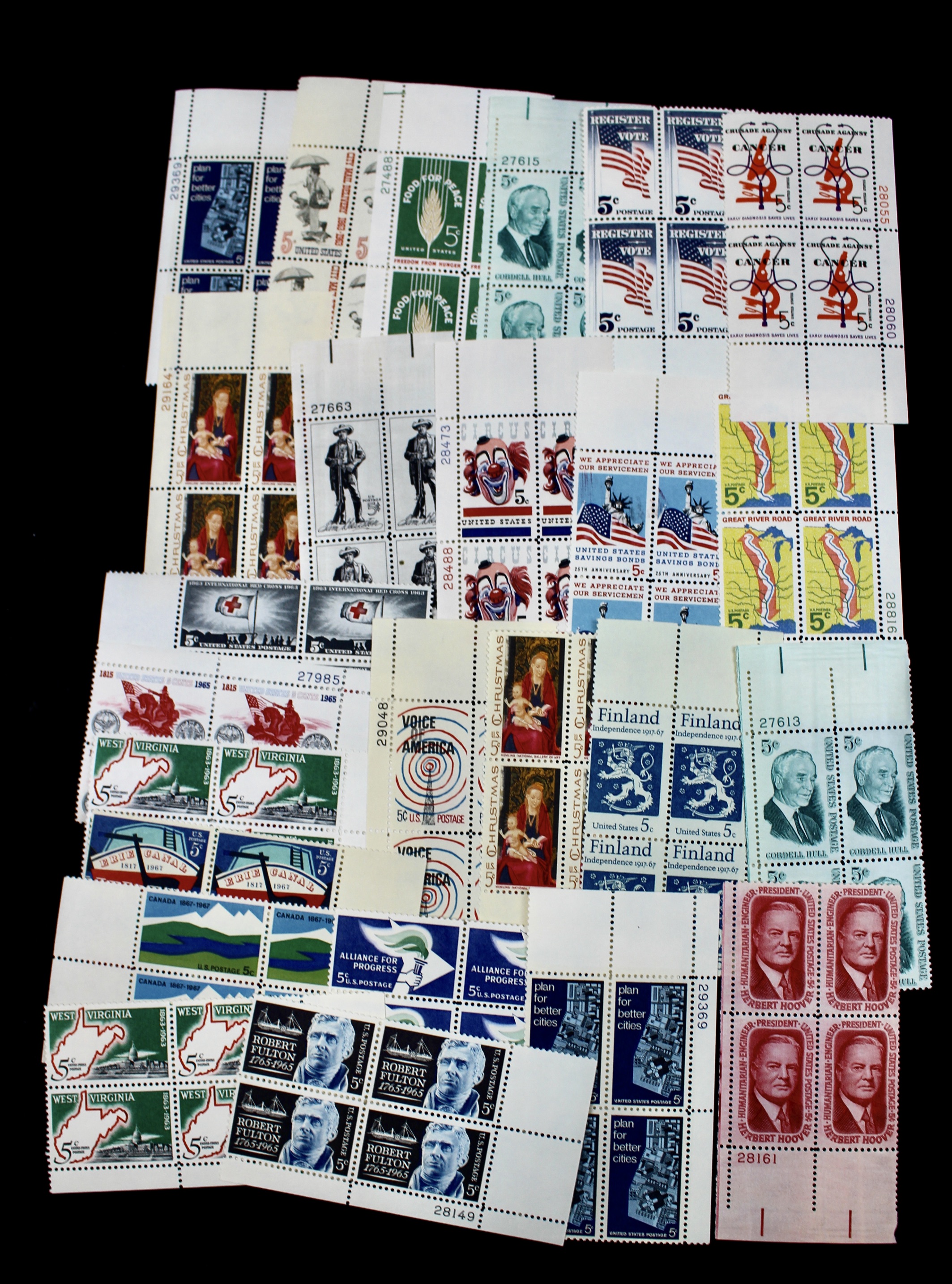 750 U.S. 5-Cent Postage Stamp Plate Blocks, 1960s