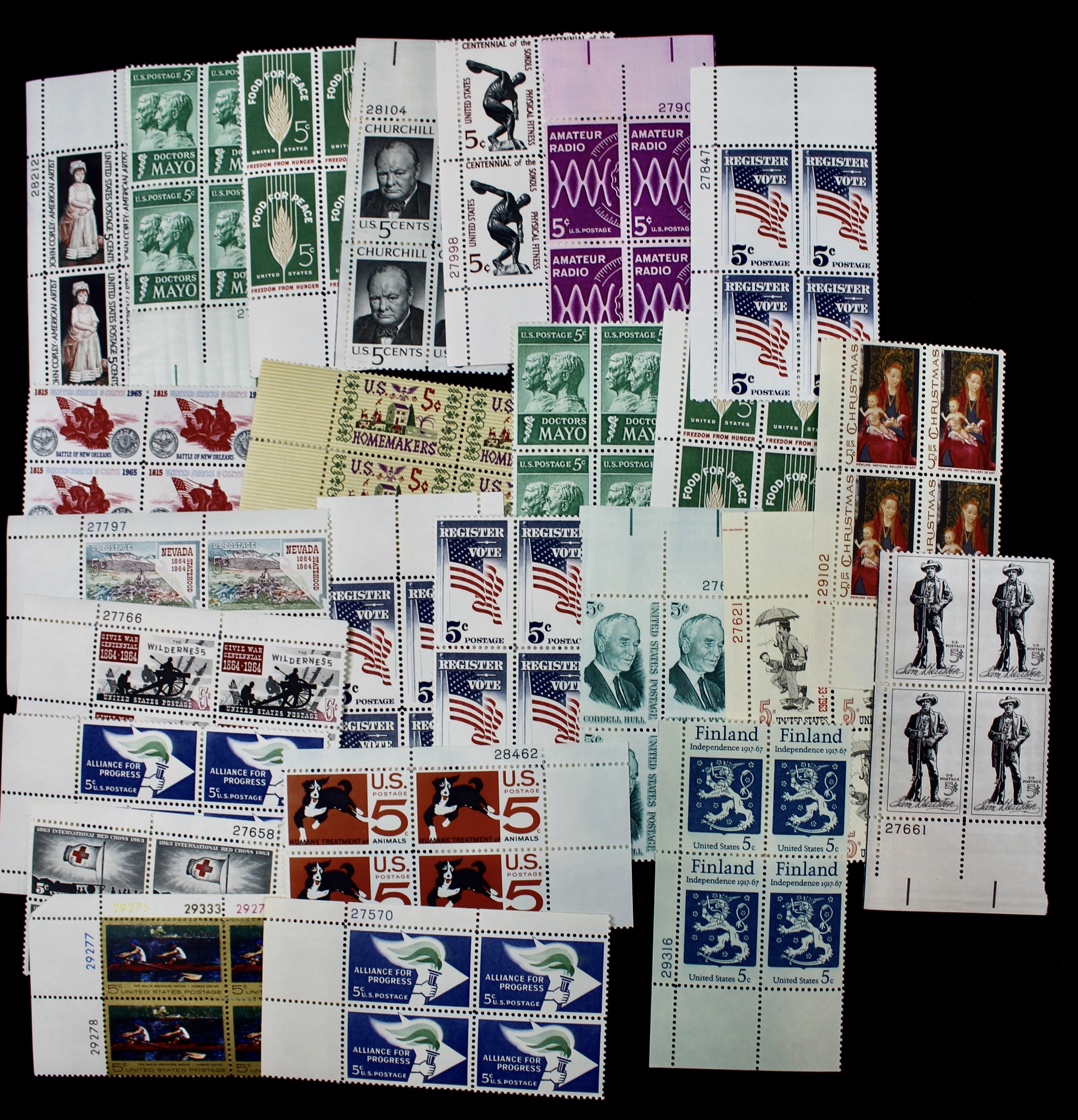 750 U.S. 5-Cent Postage Stamp Plate Blocks, 1960s
