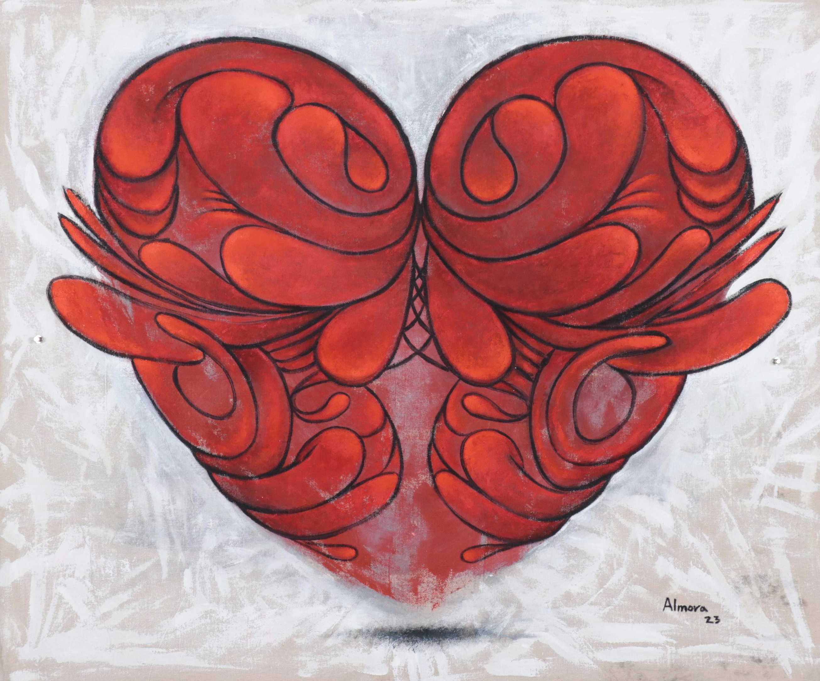 Osmel Almora Miró Stylized Mixed Media Painting of Heart, 2023