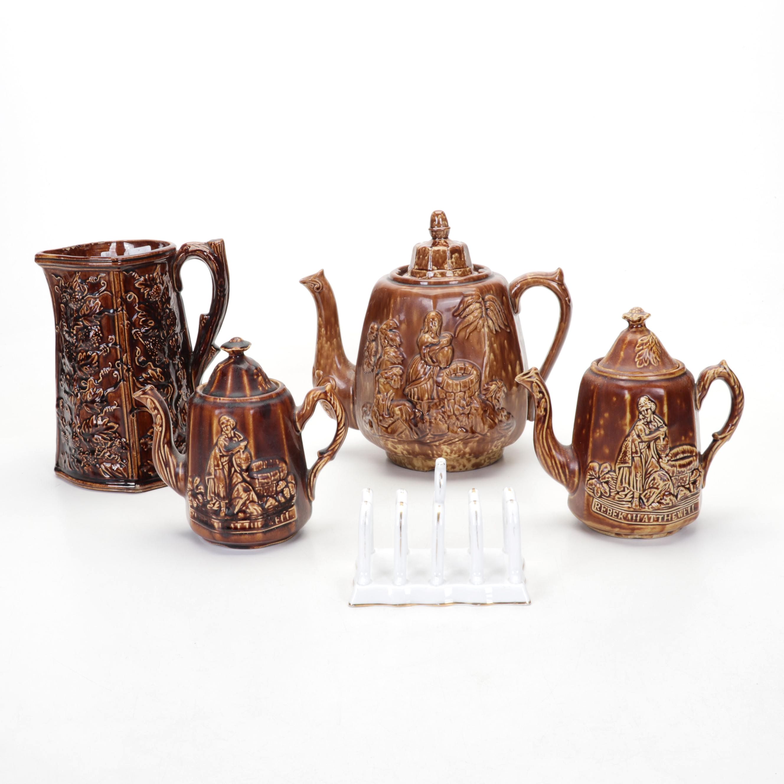 Rockingham Glazed "Rebekah at the Well", Teapots, Porcelain Toast Rack, & More