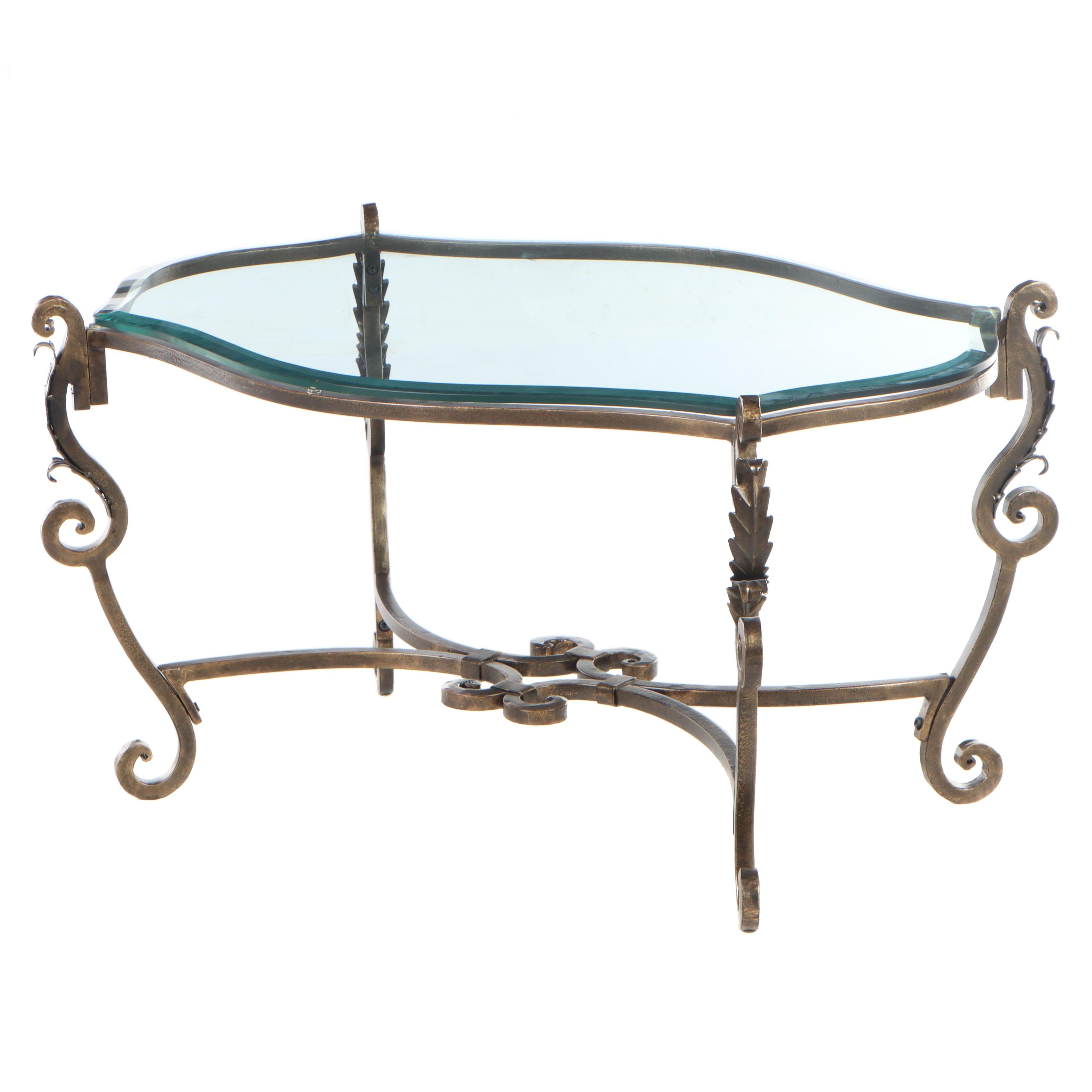 Rococo Style Scrolled Patinated Iron and Glass Coffee Table, Mid to Late 20th C.