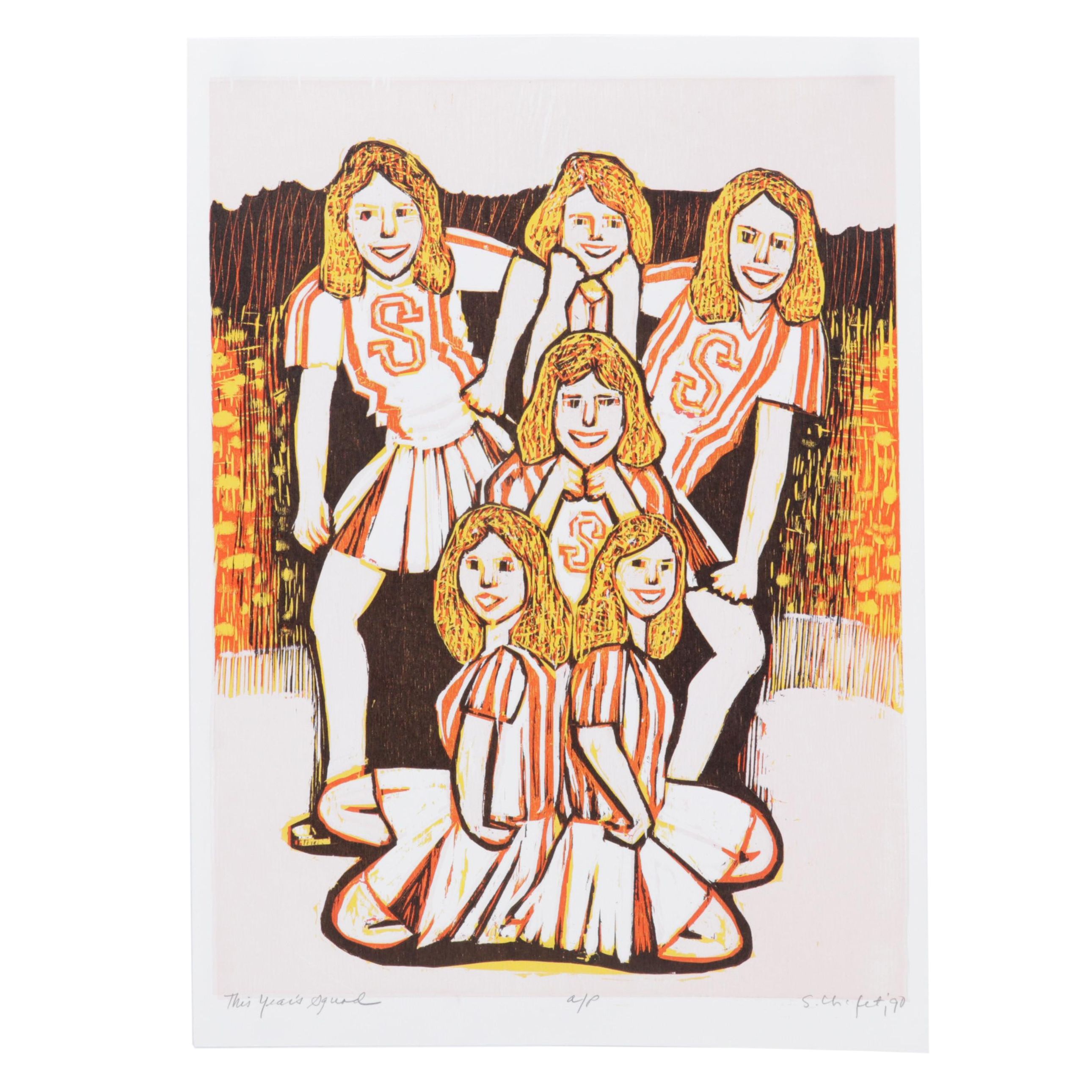 Sidney Chafetz Woodcut "This Year's Squad," 1990