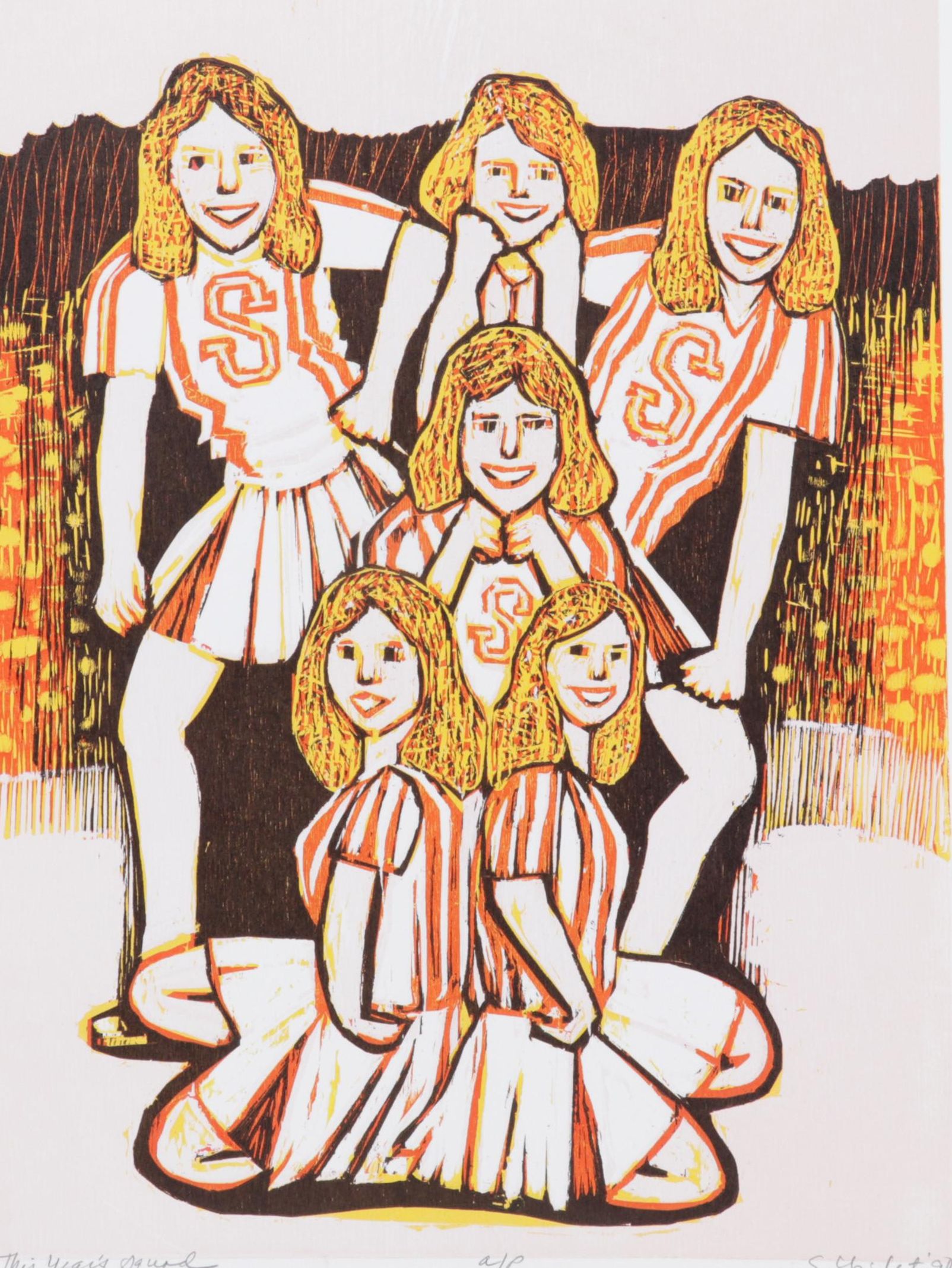 Sidney Chafetz Woodcut "This Year's Squad," 1990