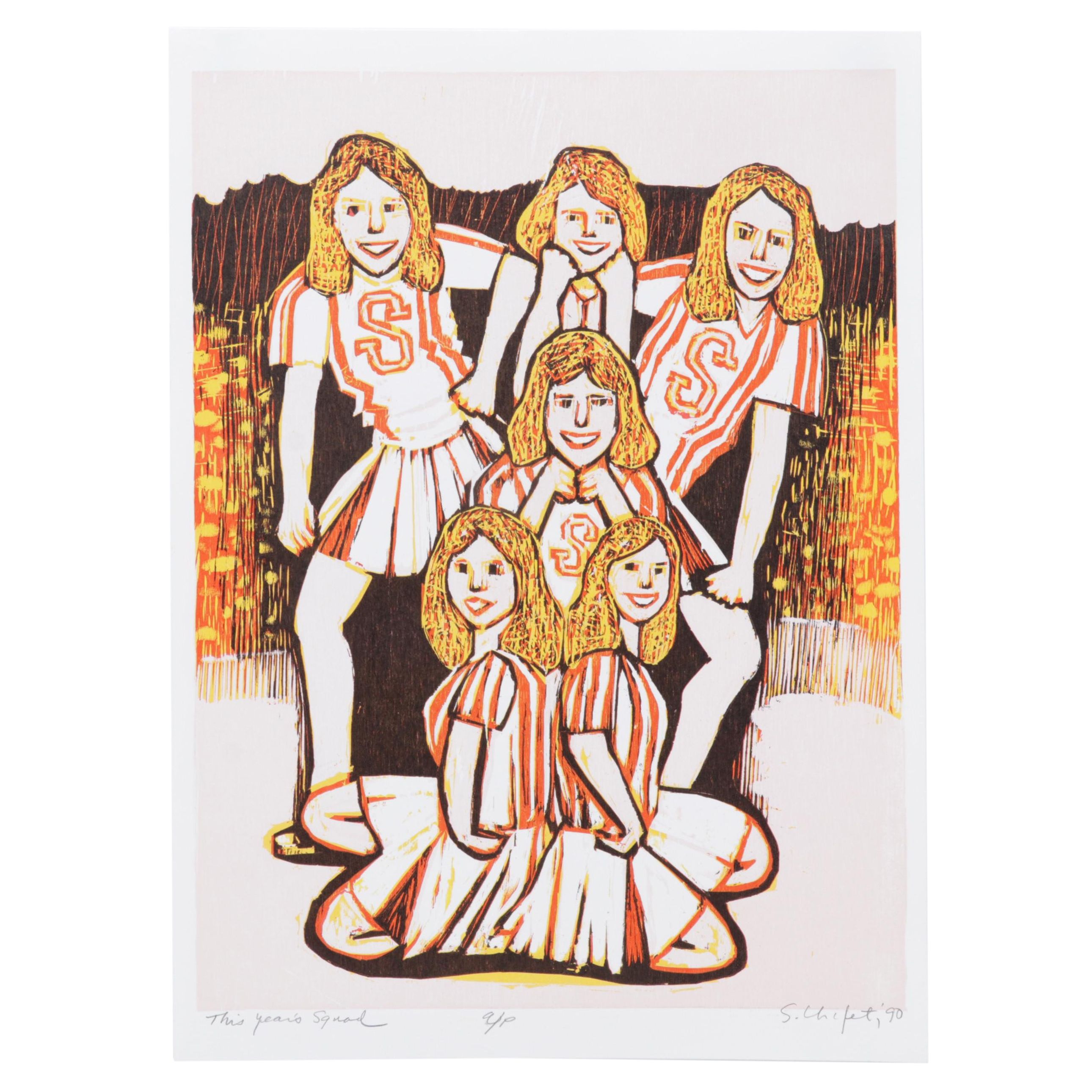 Sidney Chafetz Woodcut "This Year's Squad," 1990