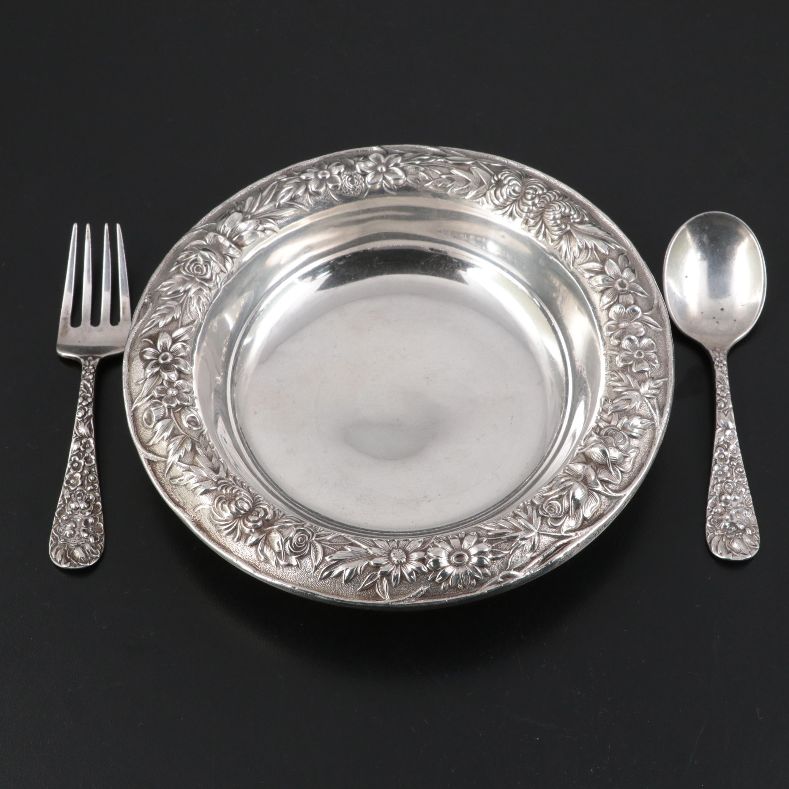 S. Kirk & Son Sterling Silver Bowl with Stieff Sterling Children's Utensils